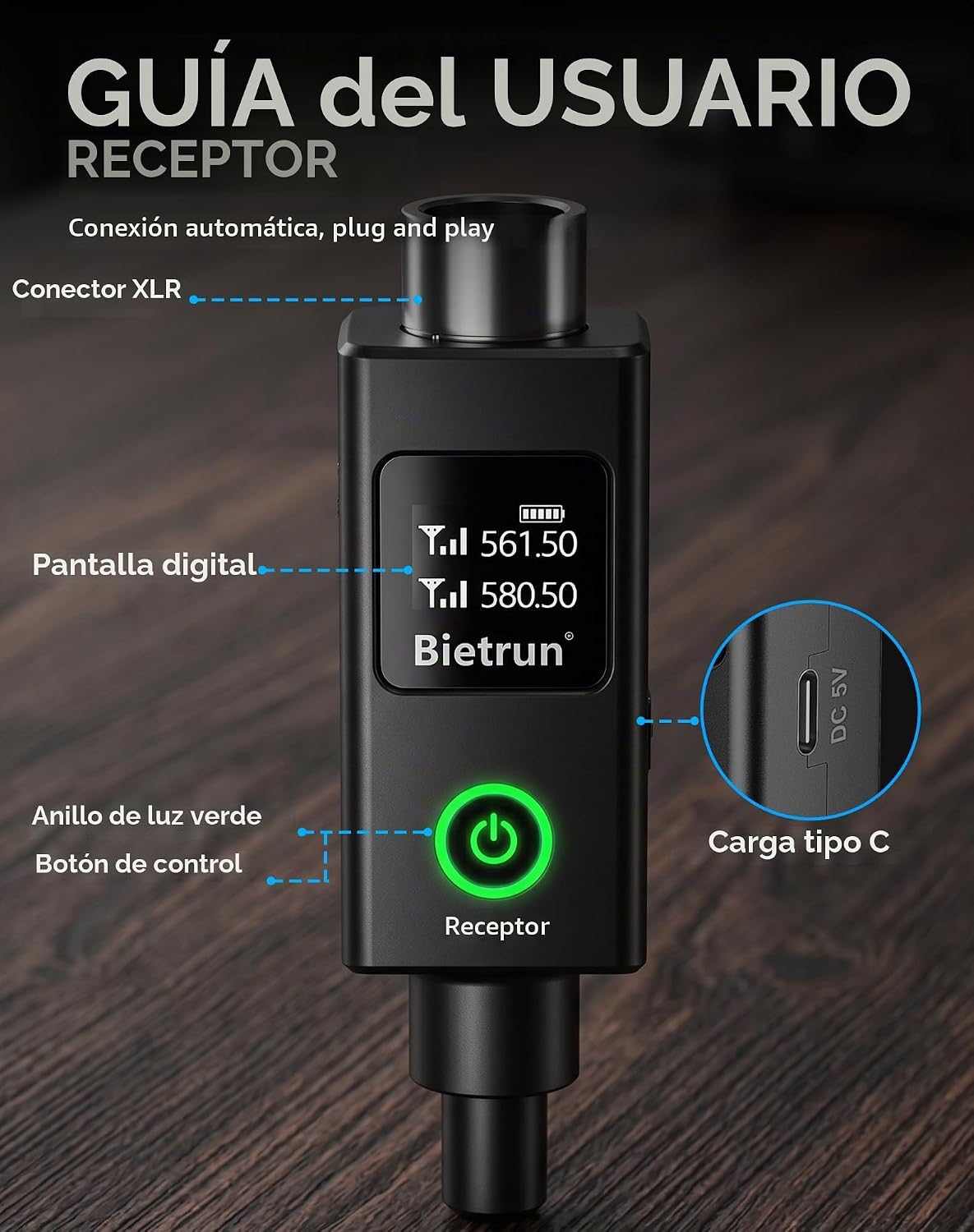 Bietrun Micrófono Inalámbrico XLR, Conjunto de Micrófono Dinámico d...