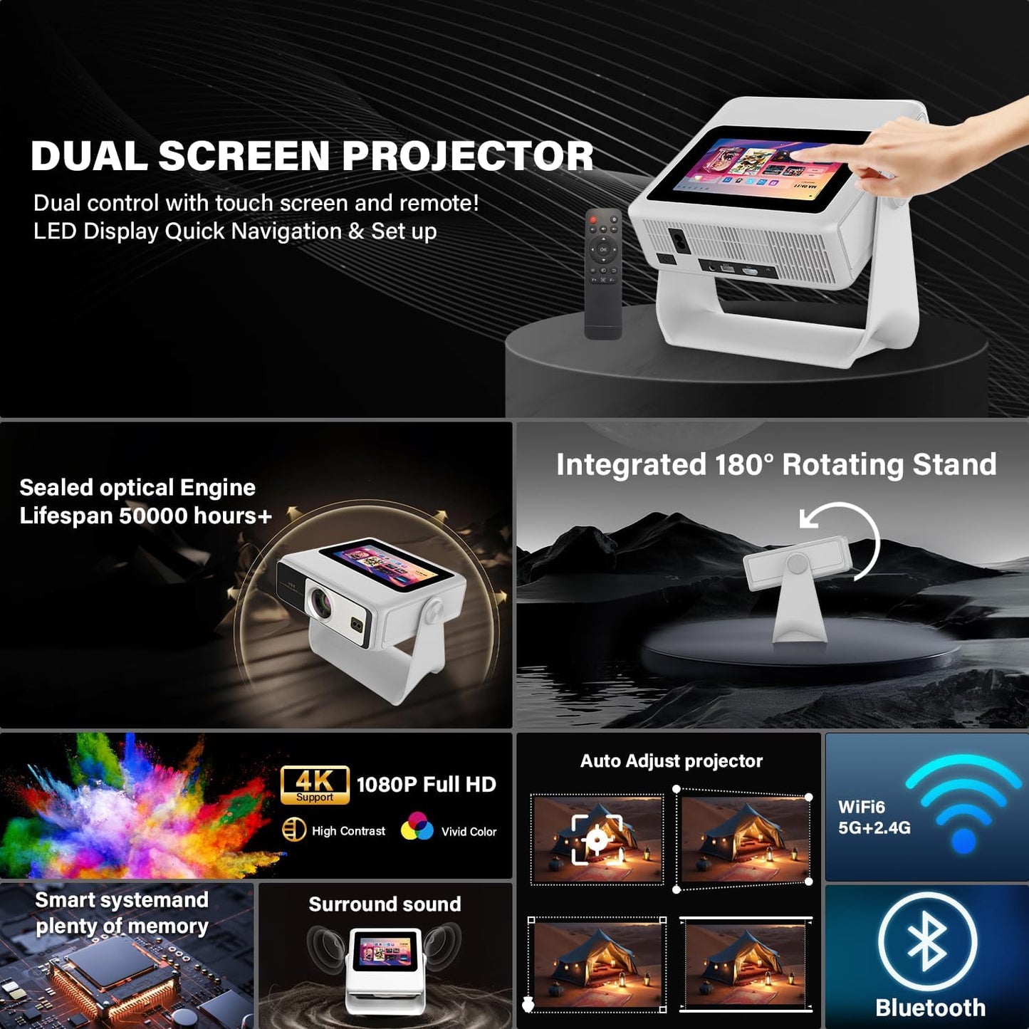 Proyector inteligente con WiFi y Bluetooth, 4K compatible con Nativ...