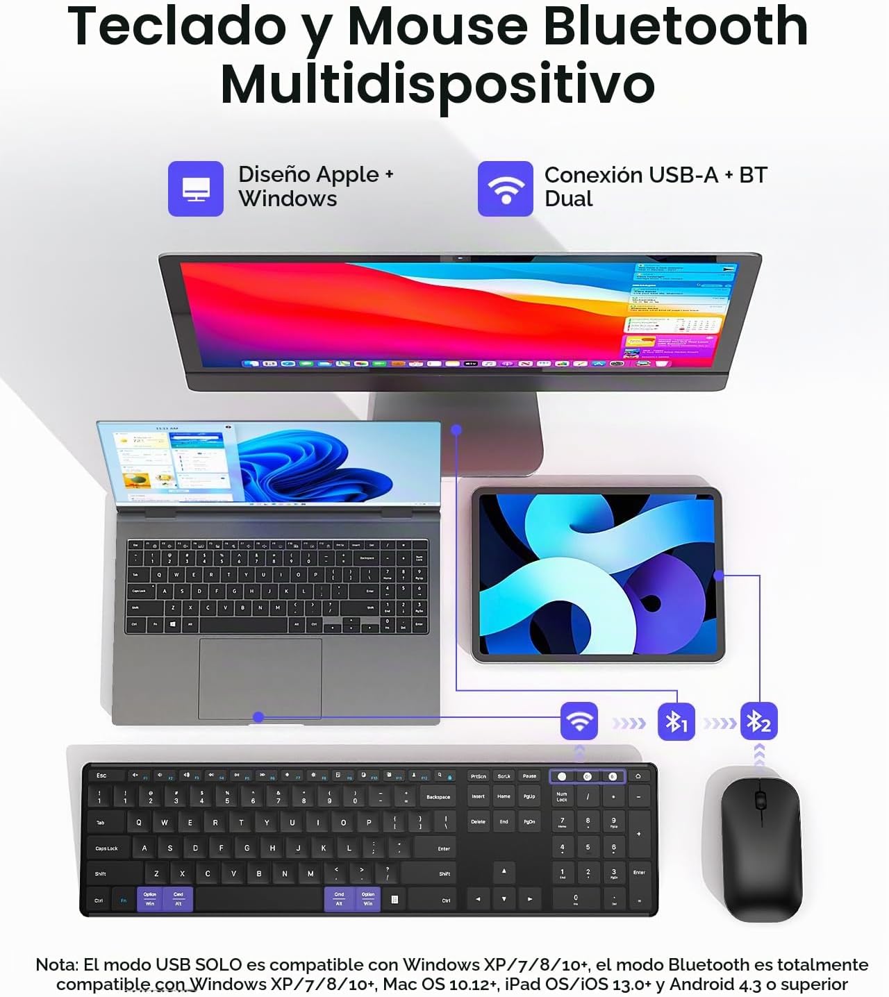 Seenda Combo de teclado y ratón Bluetooth inalámbrico, SKM64-3 reca...