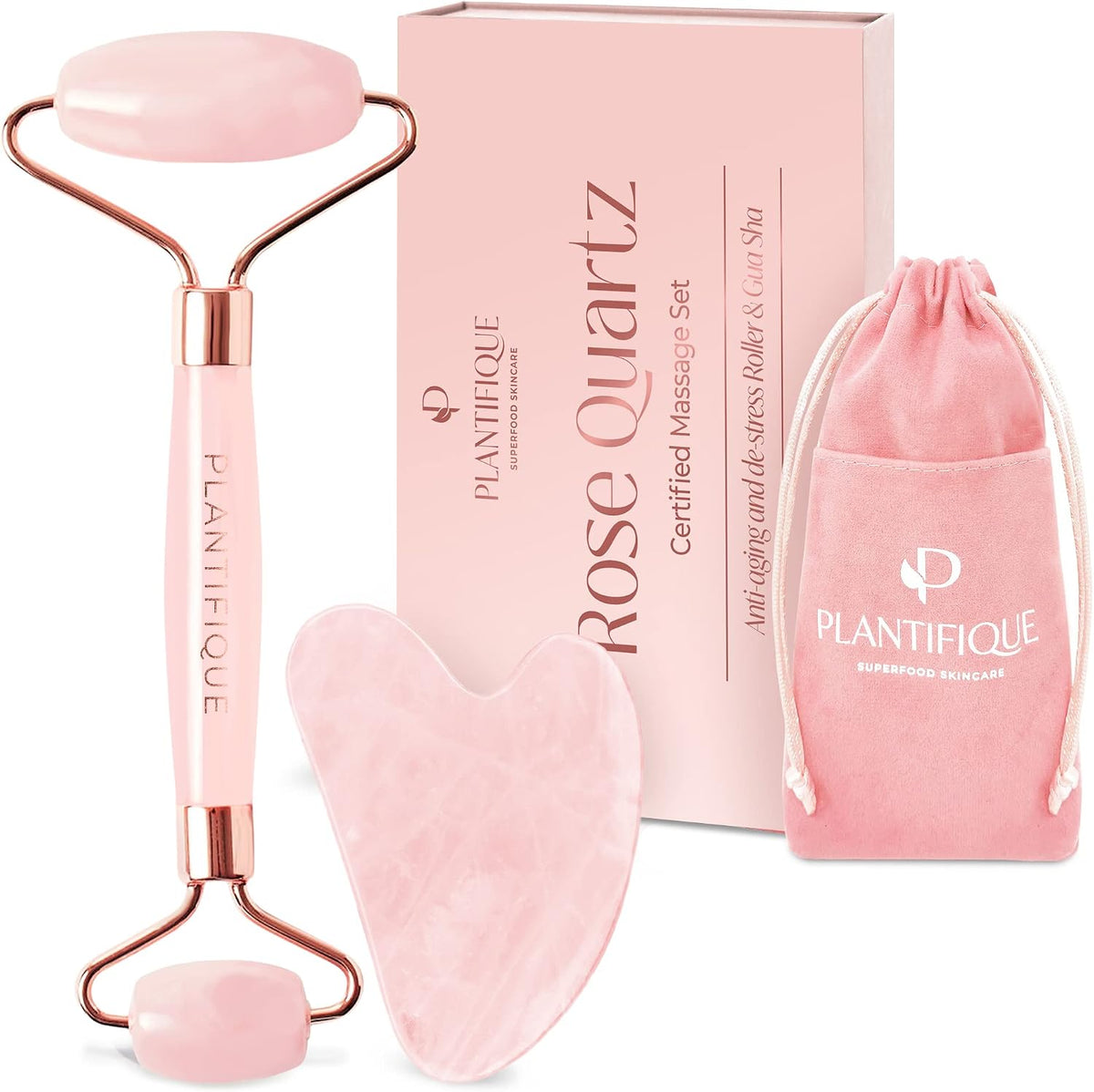 PLANTIFIQUE - Juego de rodillos faciales y Gua Sha de cuarzo rosa,...