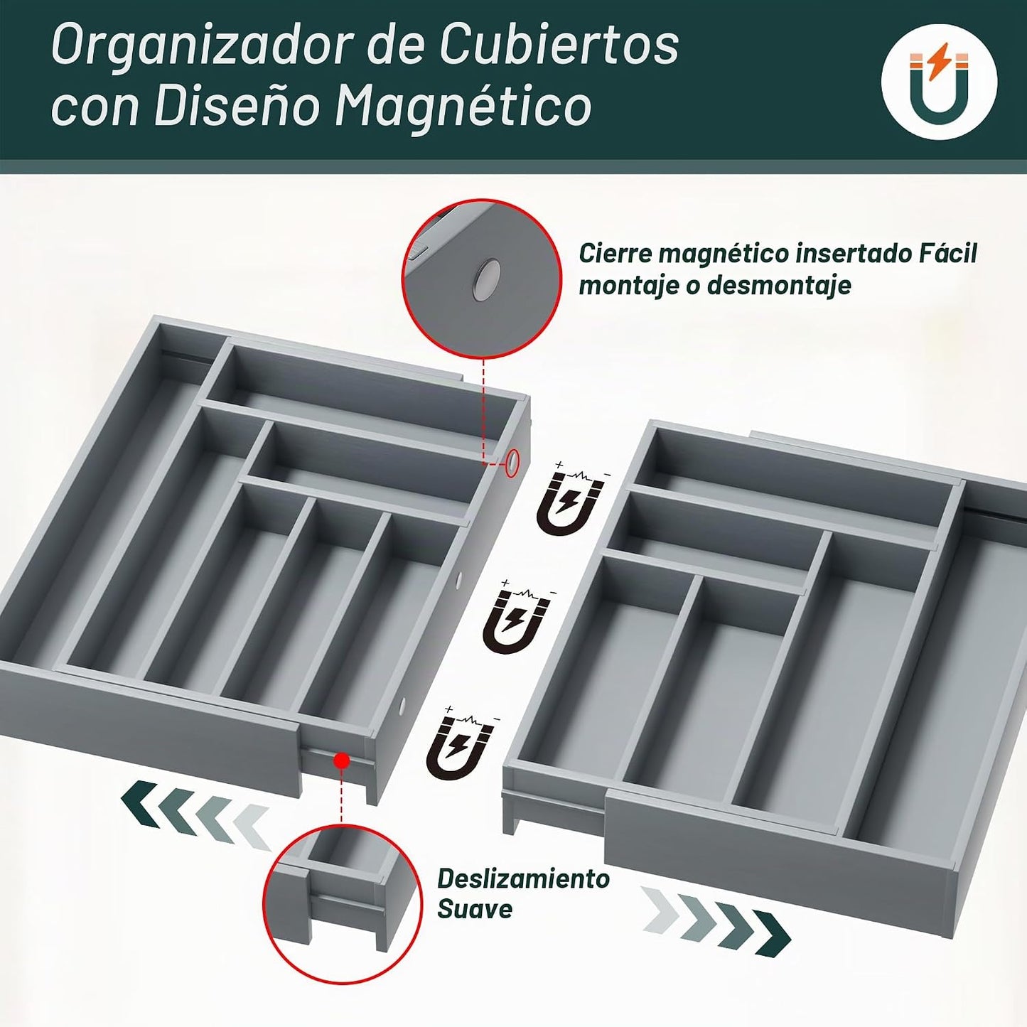 Organizador de cubiertos grande, magnéticamente conectado expandibl...