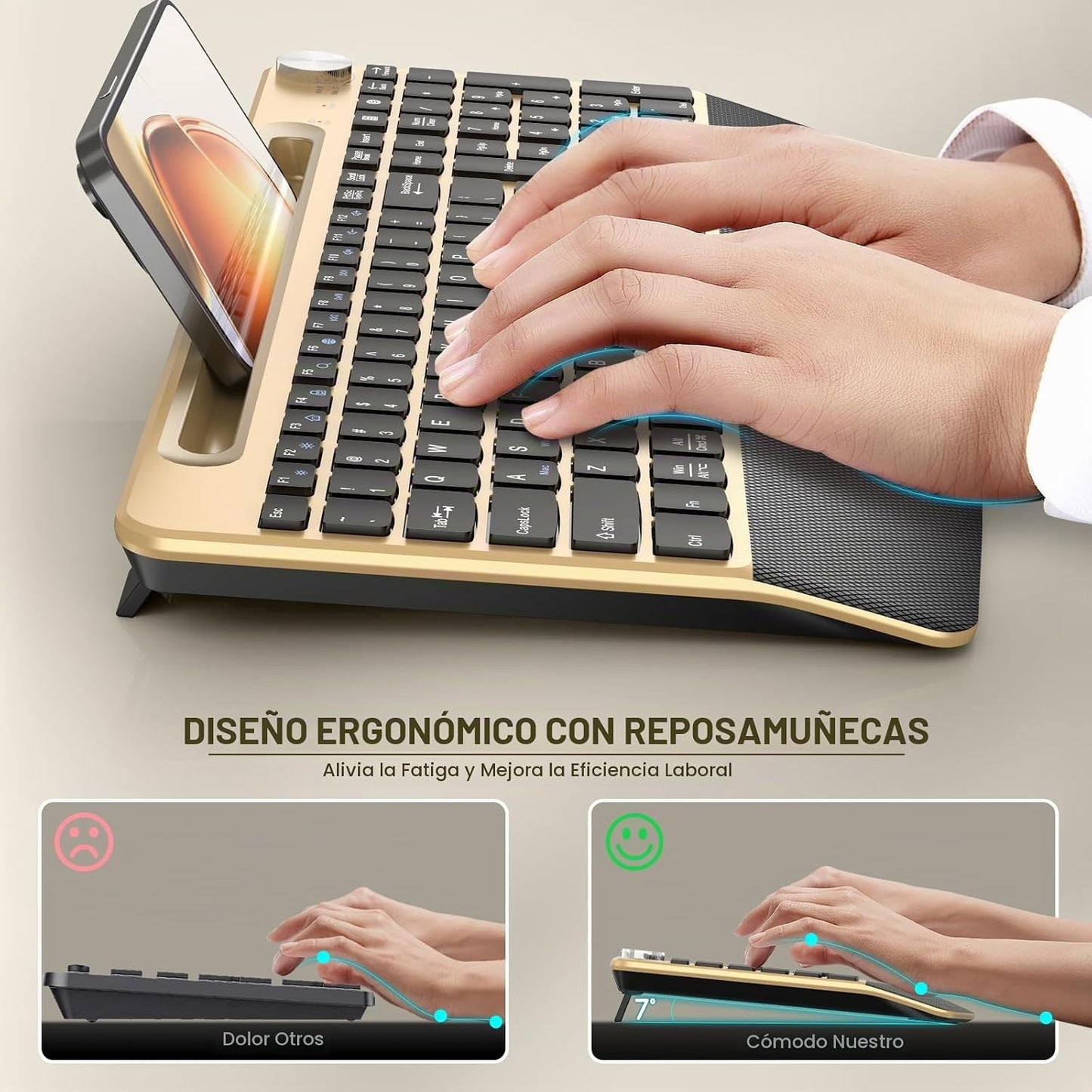 GAMCATZ Juego de teclado y mouse inalámbrico ergonómico con reposa...