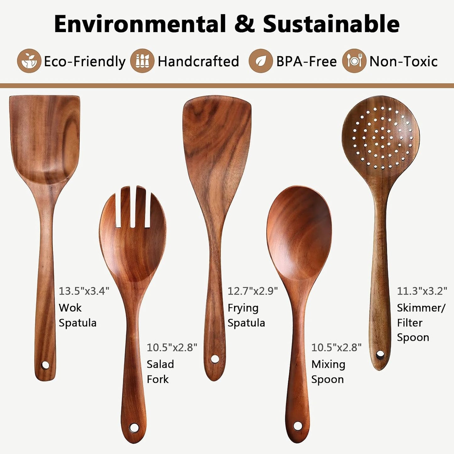 IOCBYHZ Juego de utensilios de cocina de madera de teca natural de...