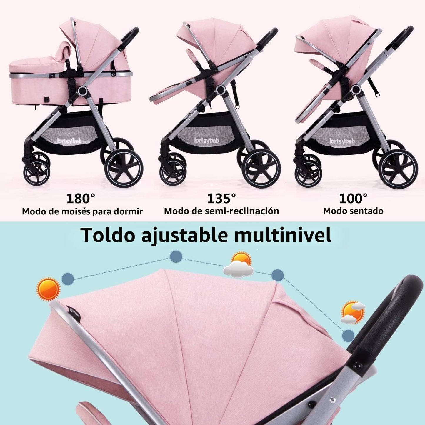 Lortsybab Cochecito de bebé 2 en 1 \u2013 Cochecito plegable para r...