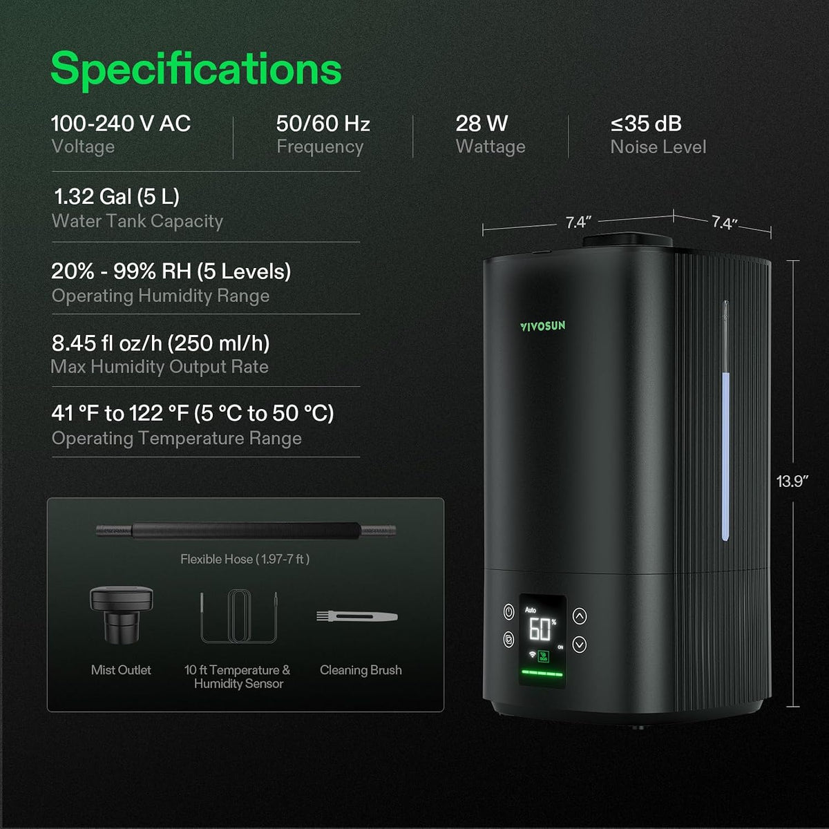 VIVOSUN AeroStream H05 Humidificador inteligente Wi-Fi, humidificad...