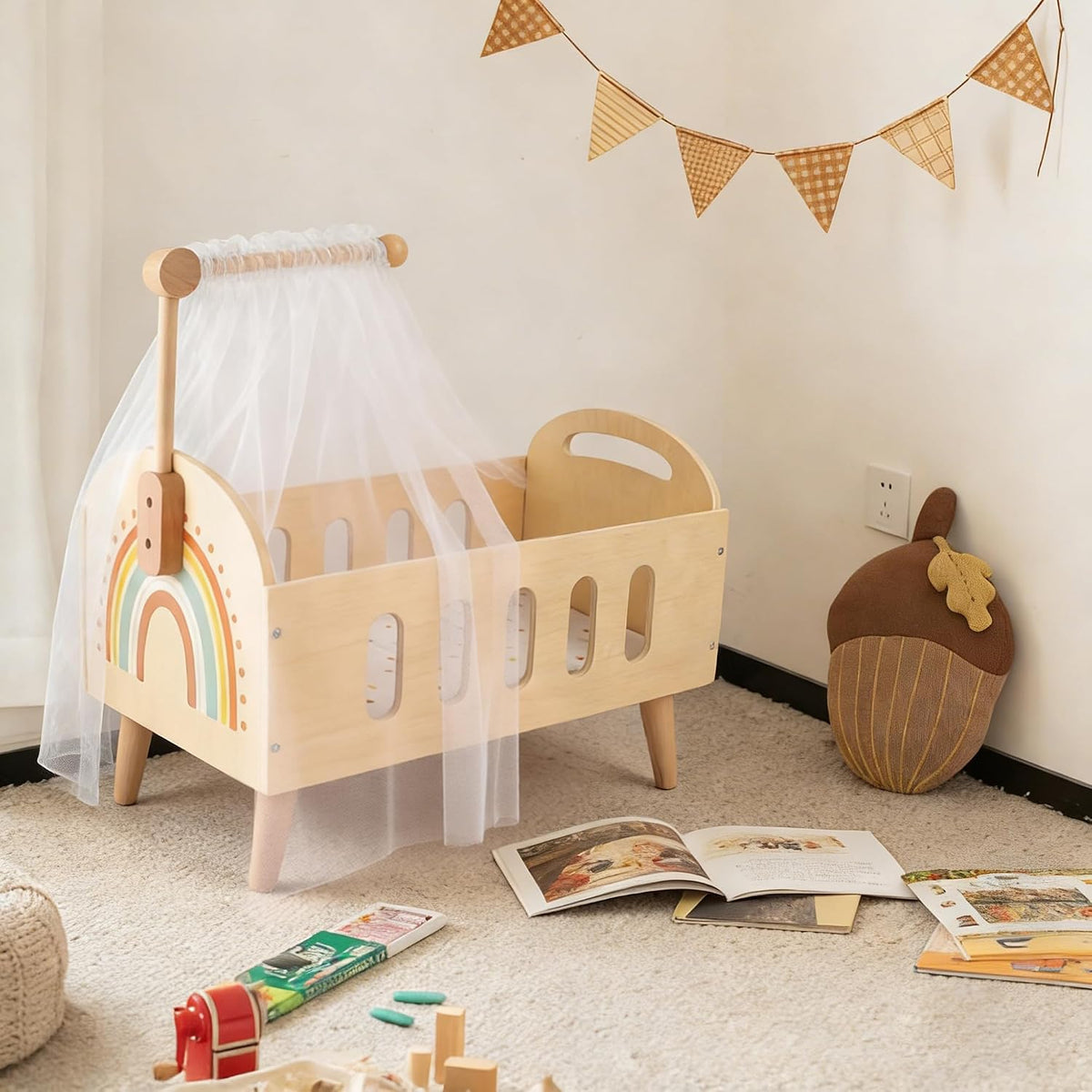 Freniland Cama de cuna de madera para muñecas de 18 pulgadas, juego...
