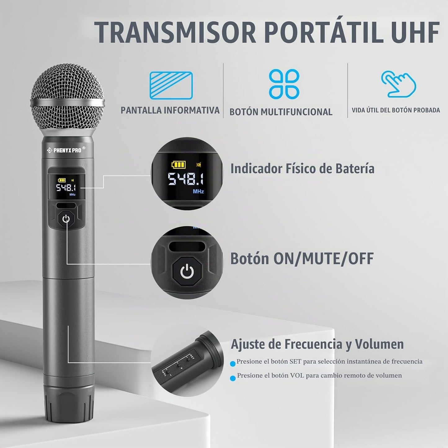 Phenyx Pro Sistema de micrófono inalámbrico dinámico de metal UHF 4...