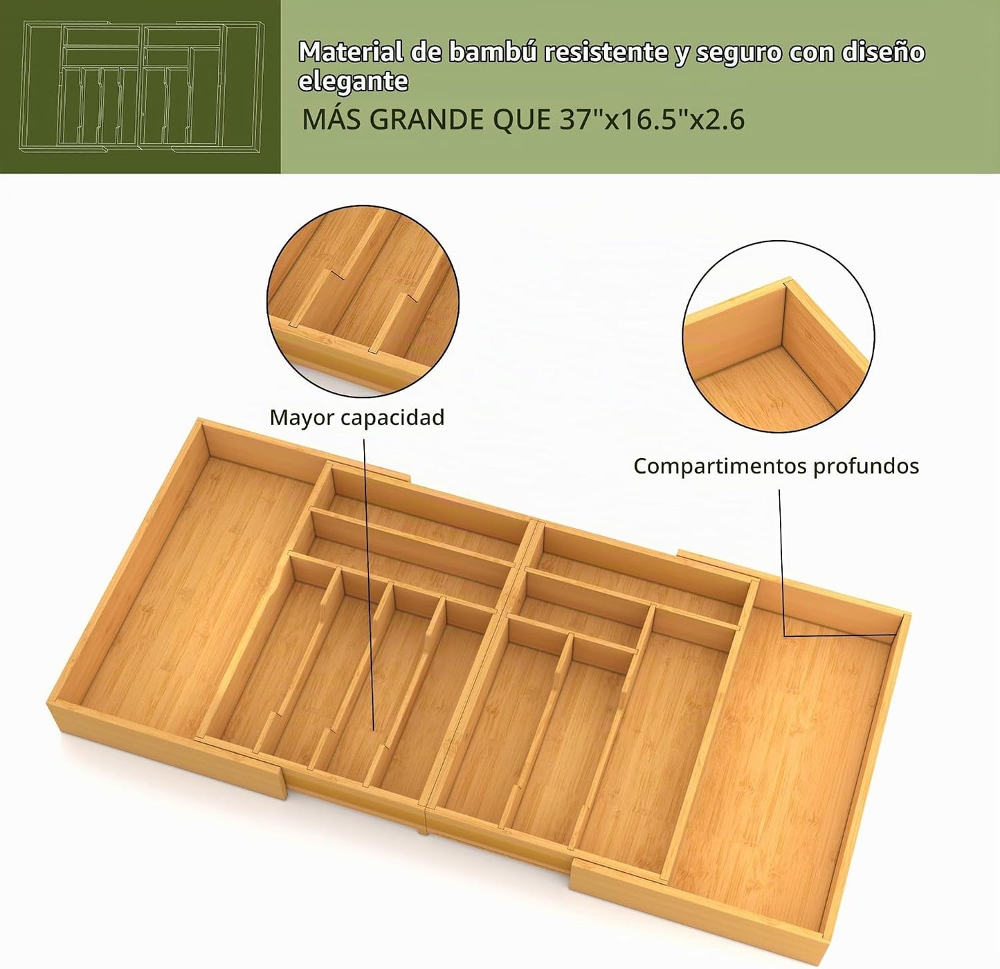 Suli Organizador de cajones de cubiertos extragrande, expandible de...
