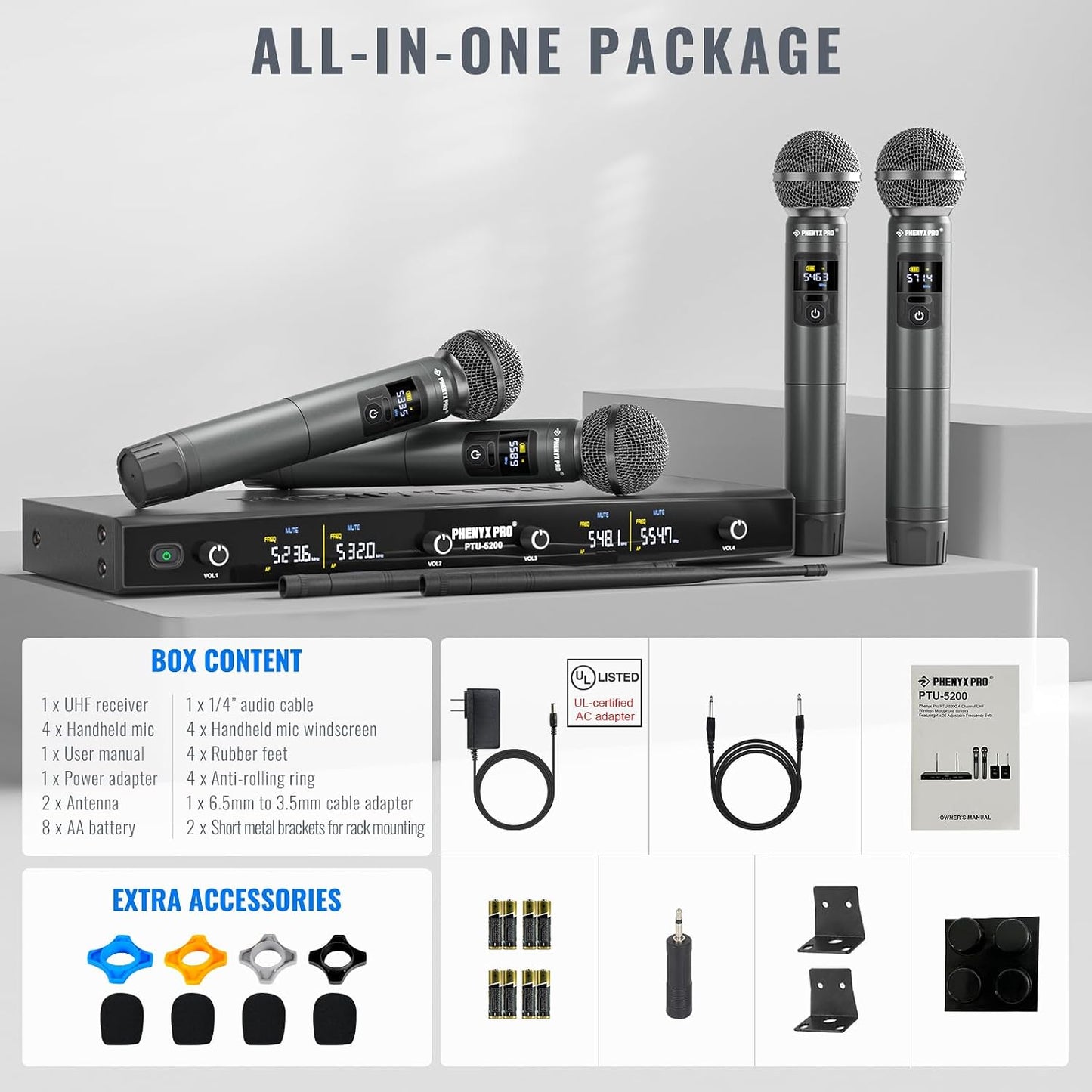 Phenyx Pro Sistema de micrófono inalámbrico dinámico de metal UHF 4...