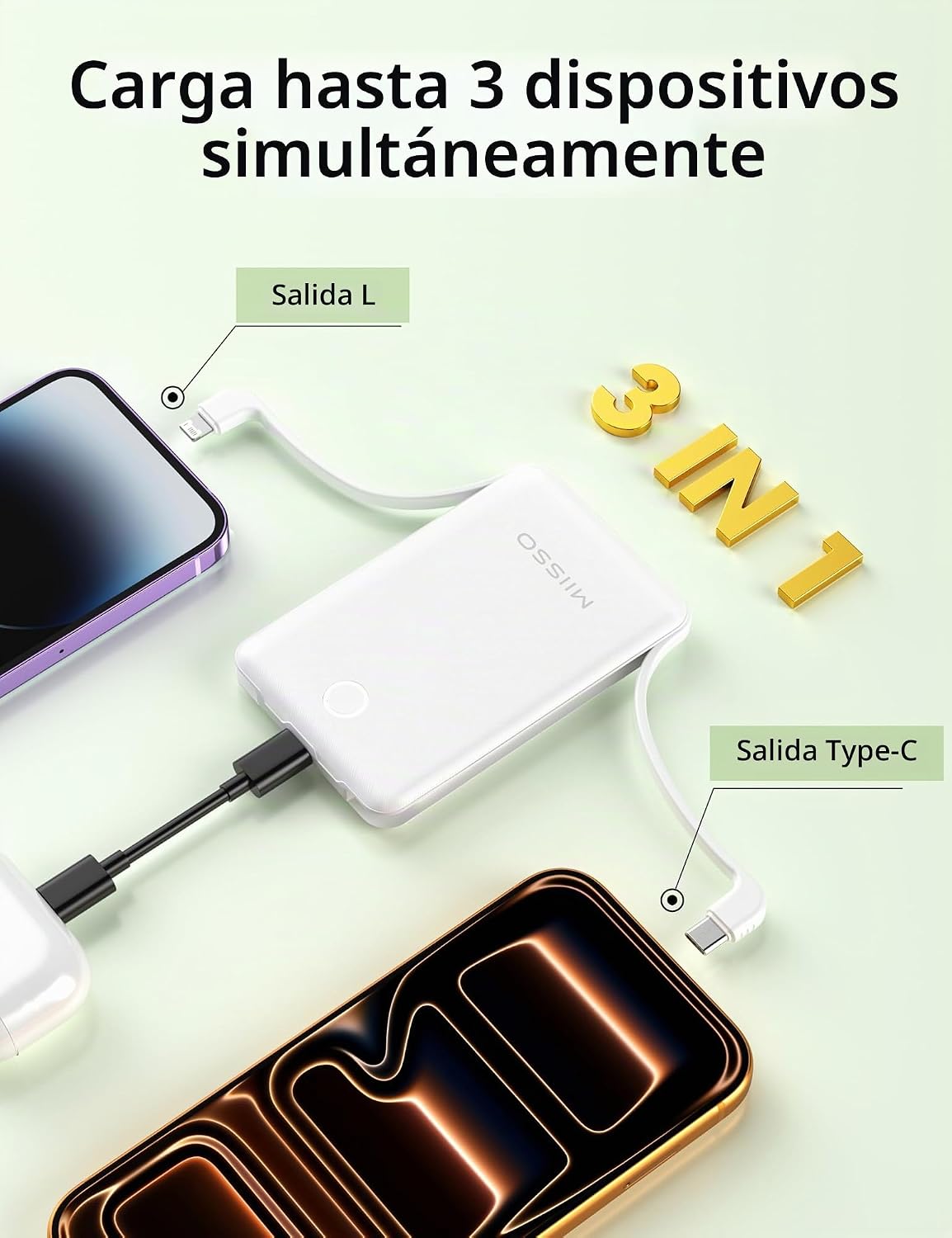 Mini cargador portátil de 10000 mAh con cable integrado, tamaño bol...