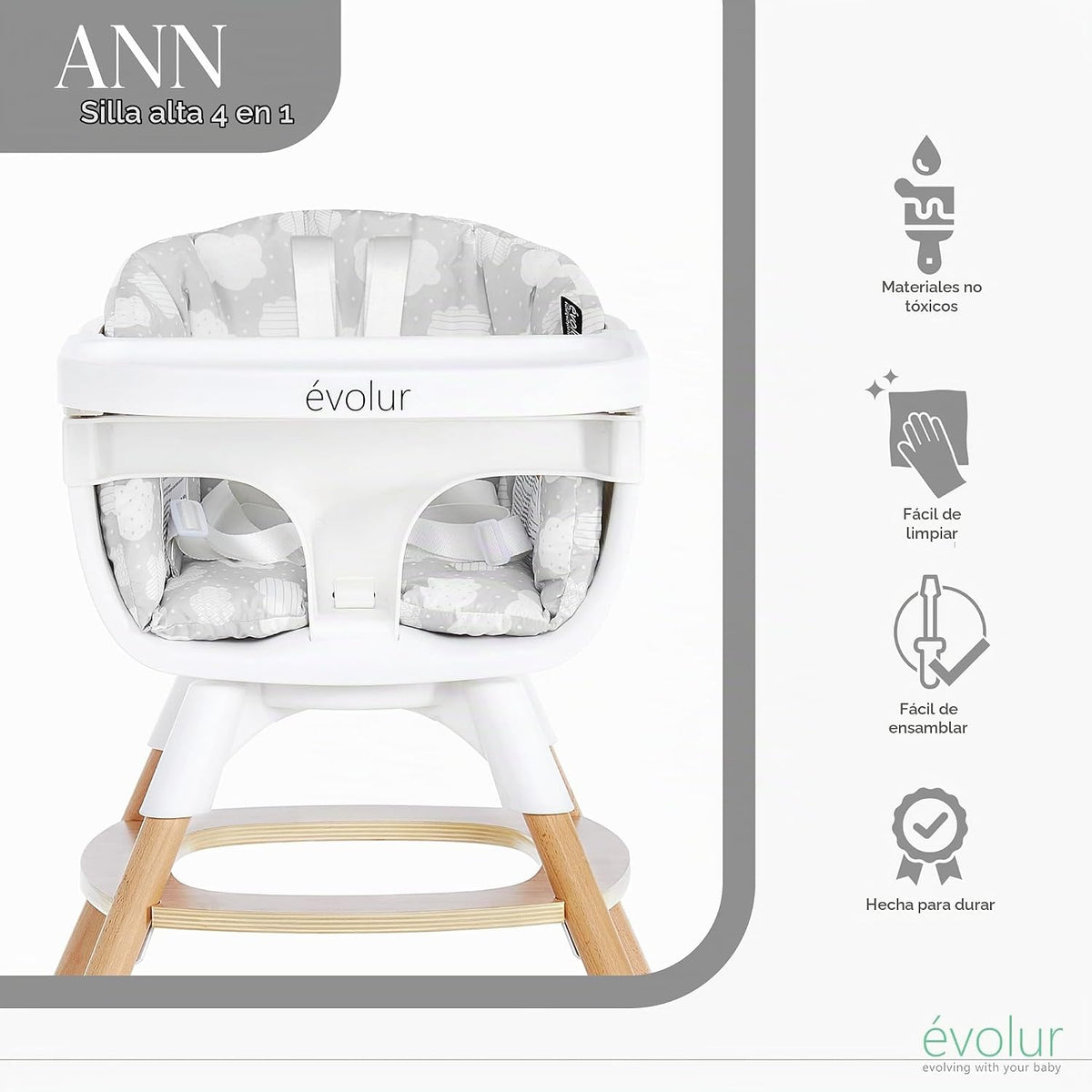 Evolur Ann - Silla alta 4 en 1 para bebé y niño, asiento giratorio...