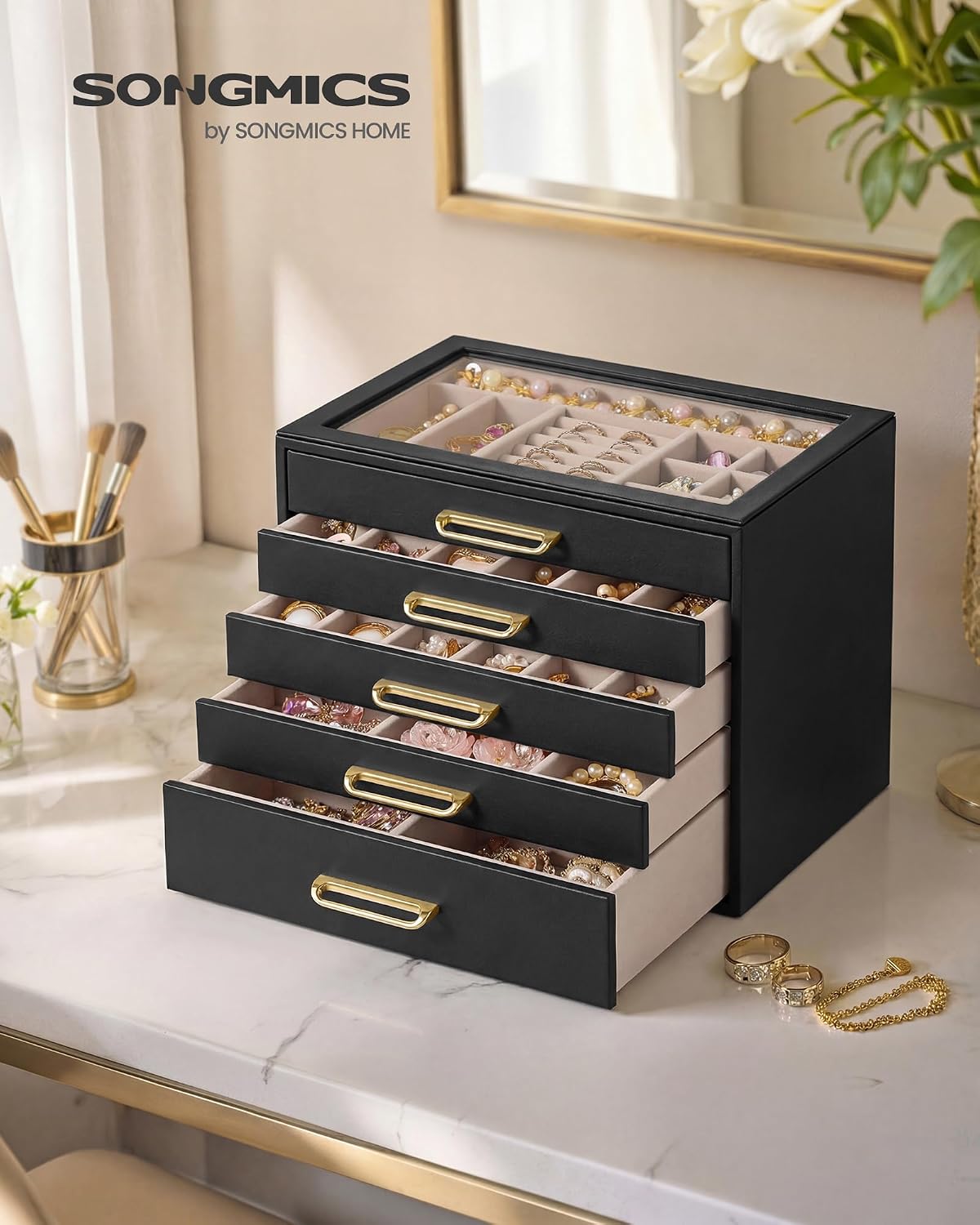 SONGMICS Joyero de 5 capas con ventana de cristal, organizador de a...