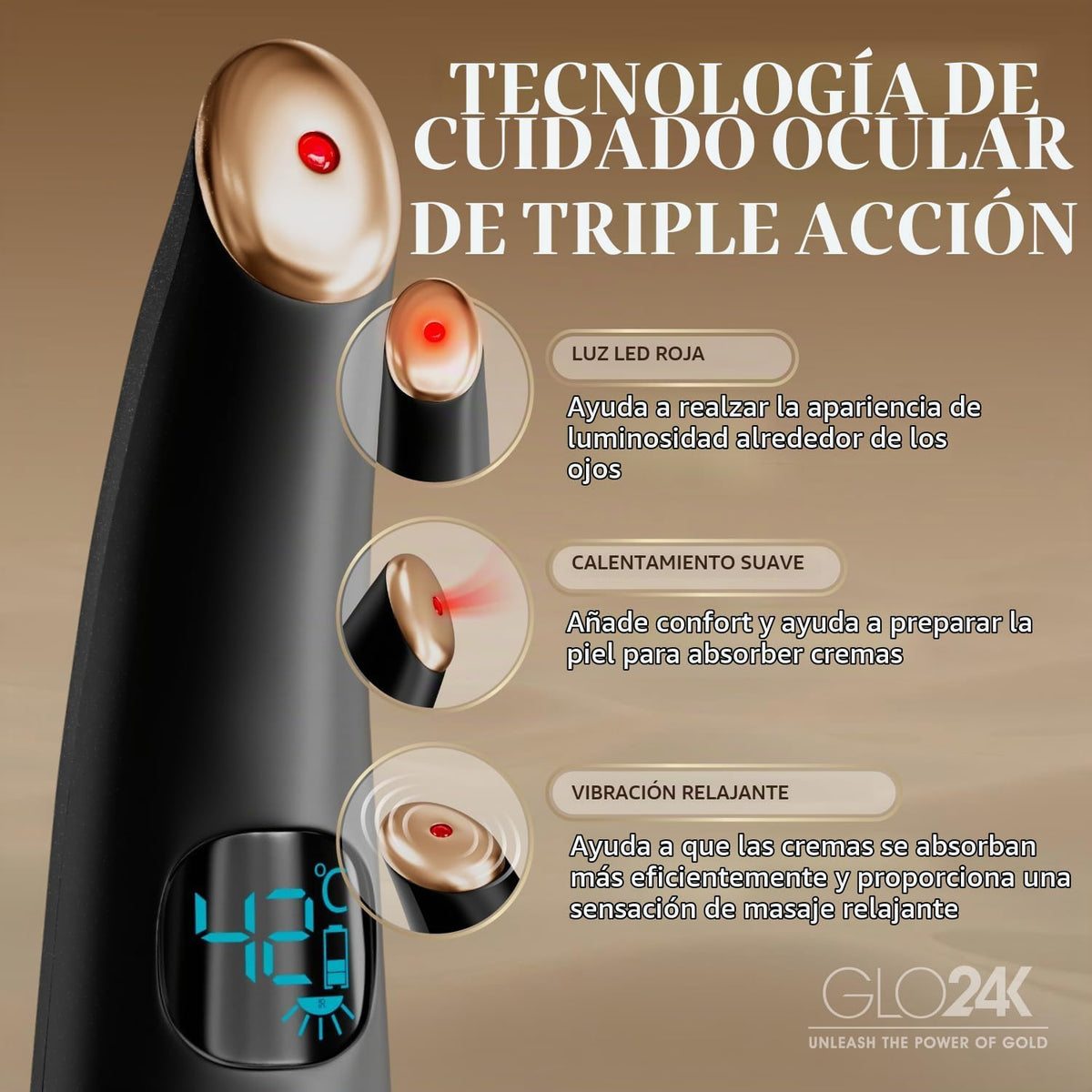 GLO24K Varita masajeadora de ojos calentada con vibración para el c...