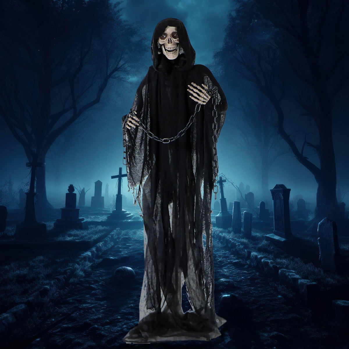 Haunted Hill Farm Parca aterradora de tamaño real con cadena, anima...