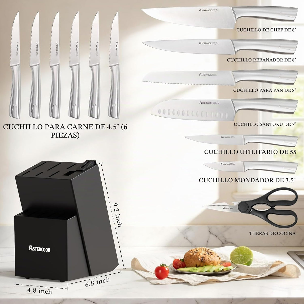 Astercook Juego de Cuchillos de Cocina con Bloque y Afilador Full T...