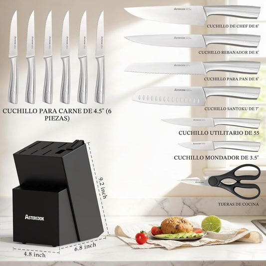 Astercook Juego de Cuchillos de Cocina con Bloque y Afilador Full T...
