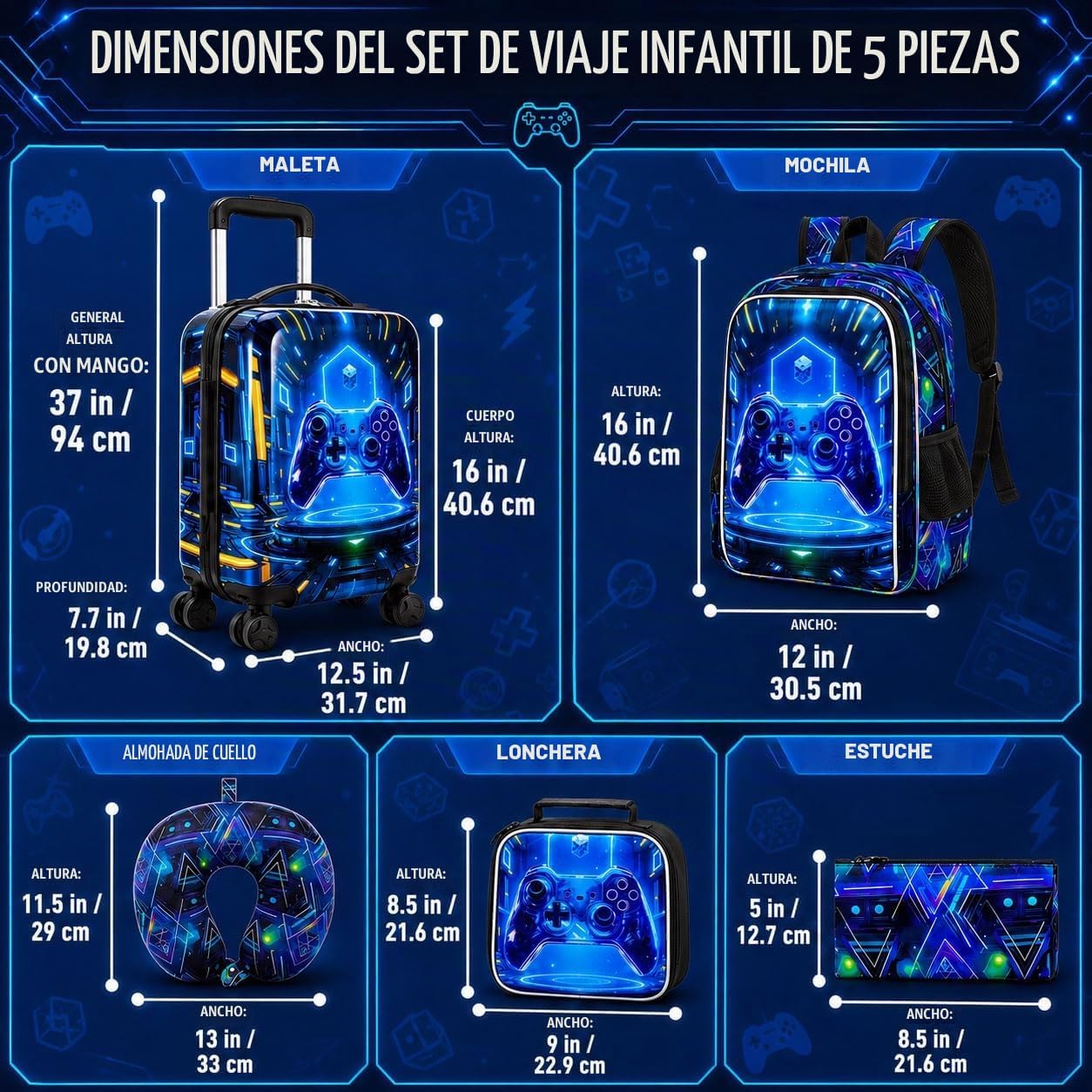Juego de 5 maletas para niños, aprobado por aerolíneas con ruedas g...