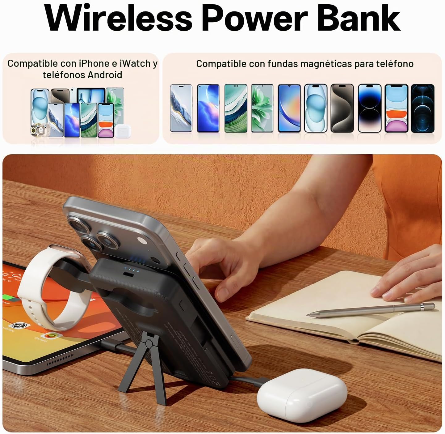 Q Cargador portátil inalámbrico magnético de 10,000 mAh, batería ex...