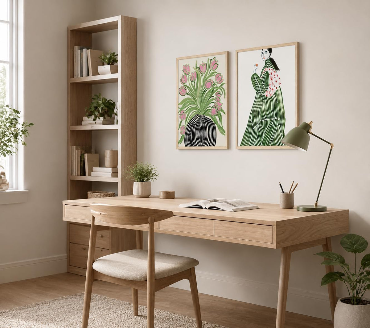 Lienzo enmarcado para pared, diseño de tulipanes, jarrón de mujer,...