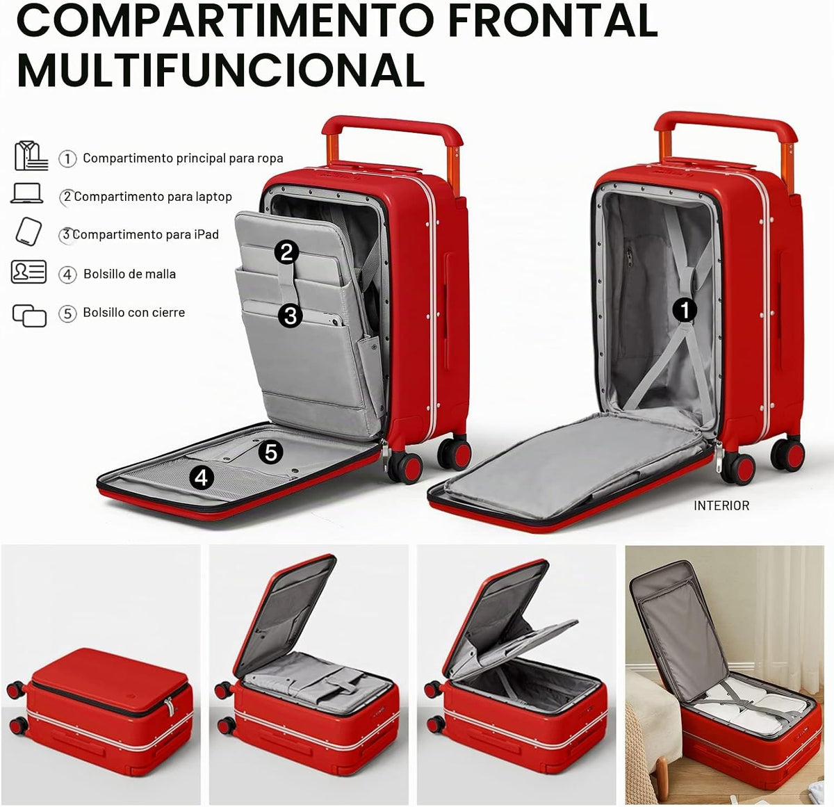 mixi Maleta de equipaje con bolsillo frontal para laptop, maleta de...