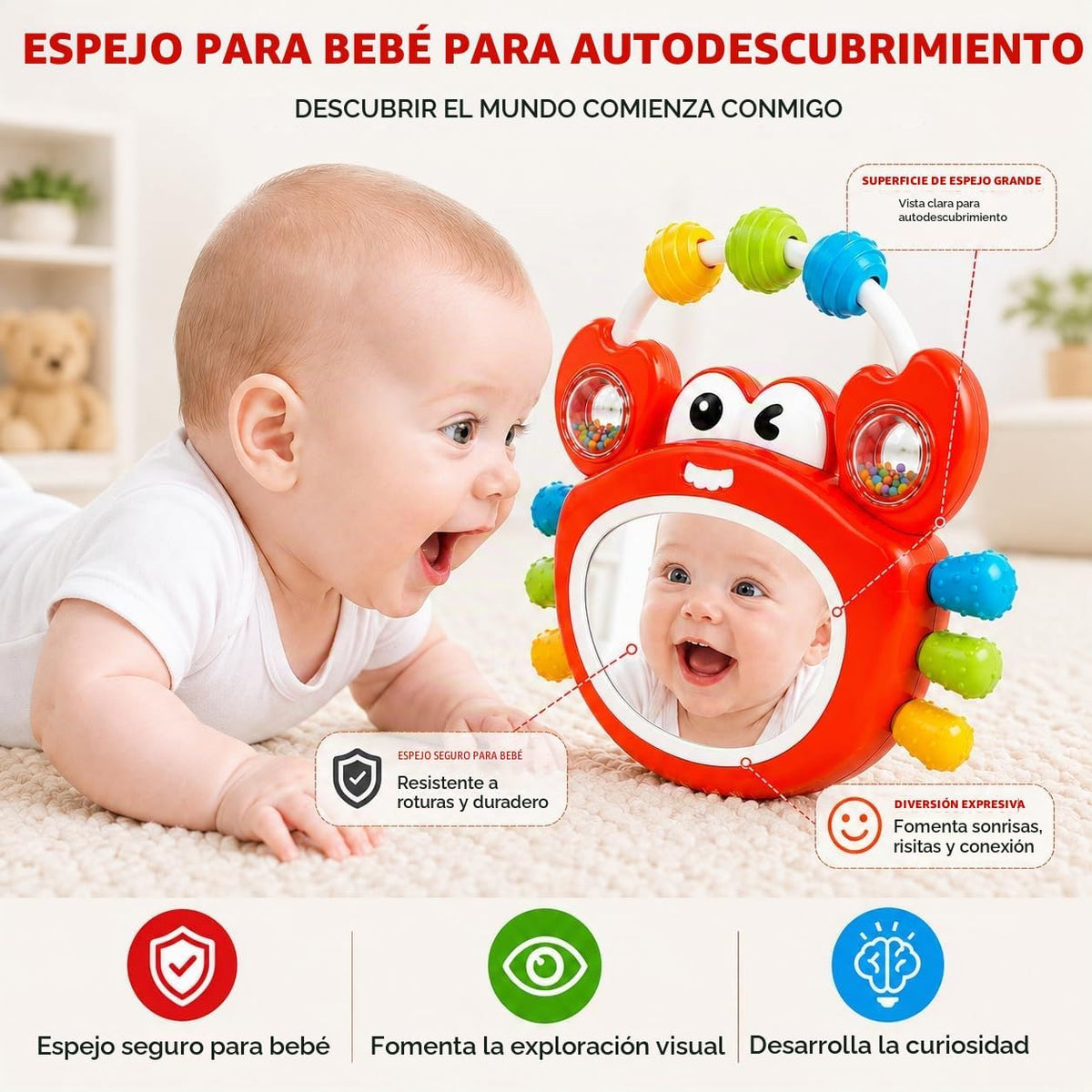 Juguetes para bebés de 0 a 12 meses, juguete de espejo para bebé co...