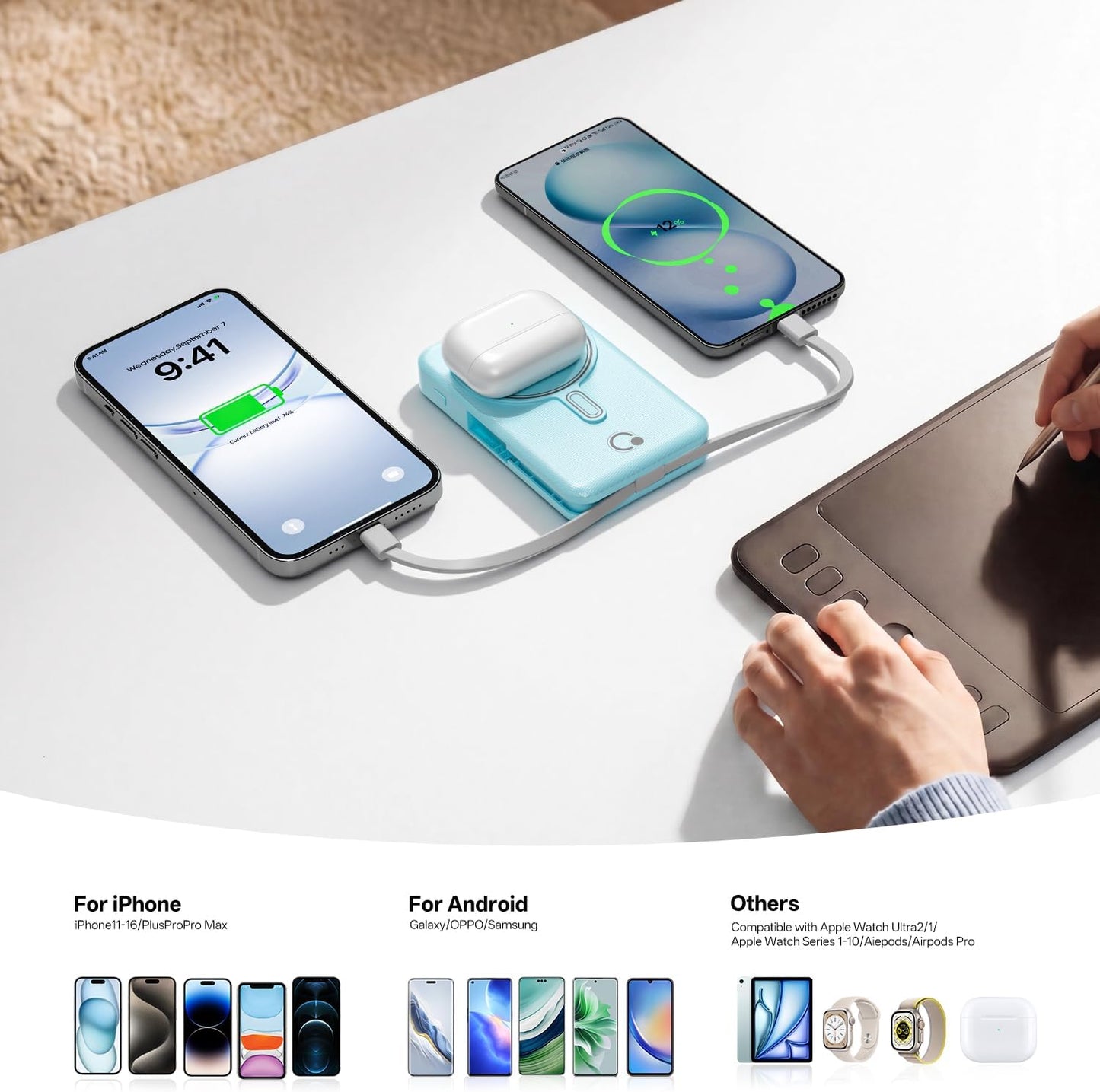 Q Cargador portátil inalámbrico magnético de 10,000 mAh, batería ex...
