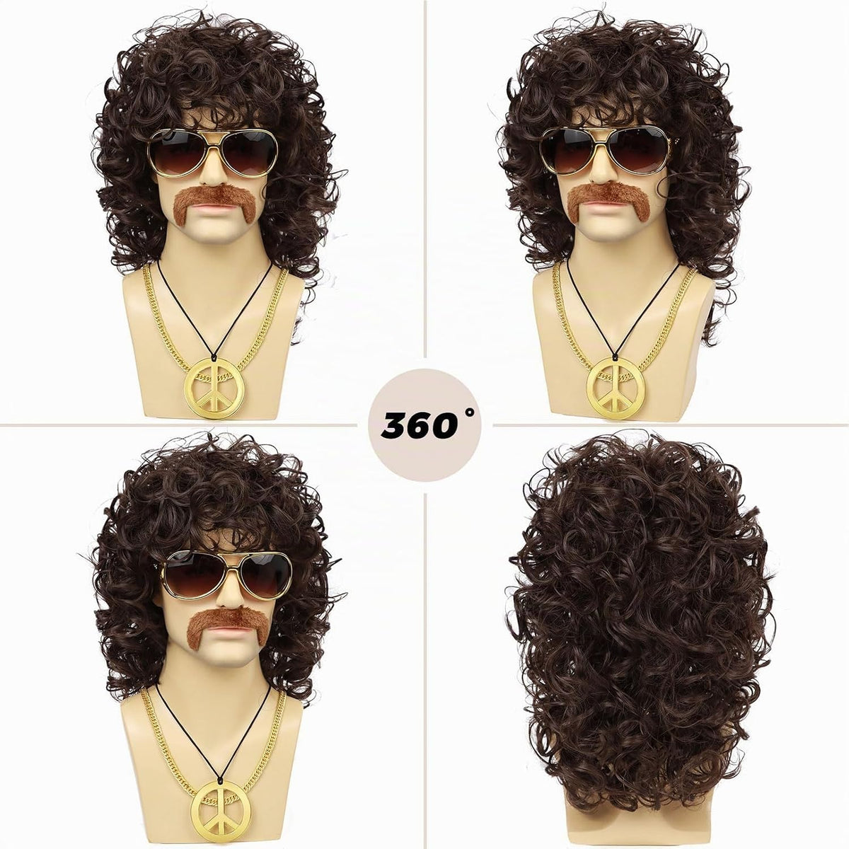 Wallden Hair Peluca marrón de los años 70 para hombre, gafas, caden...