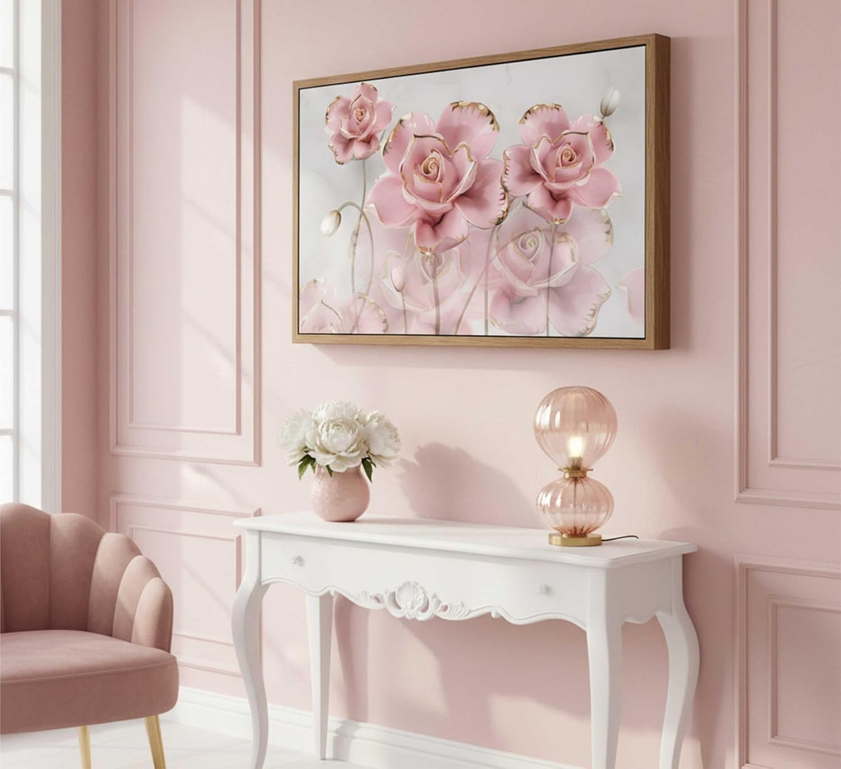 Lienzo enmarcado moderno y delicado de rosas de oro rosa, arte de p...