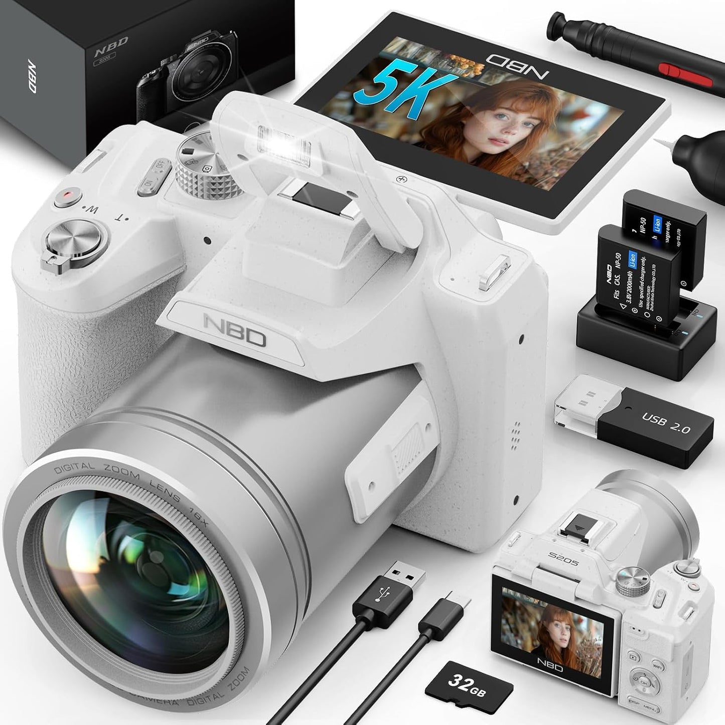 Cámara digital 5K 64MP para fotografía (blanco) | Enfoque automátic...