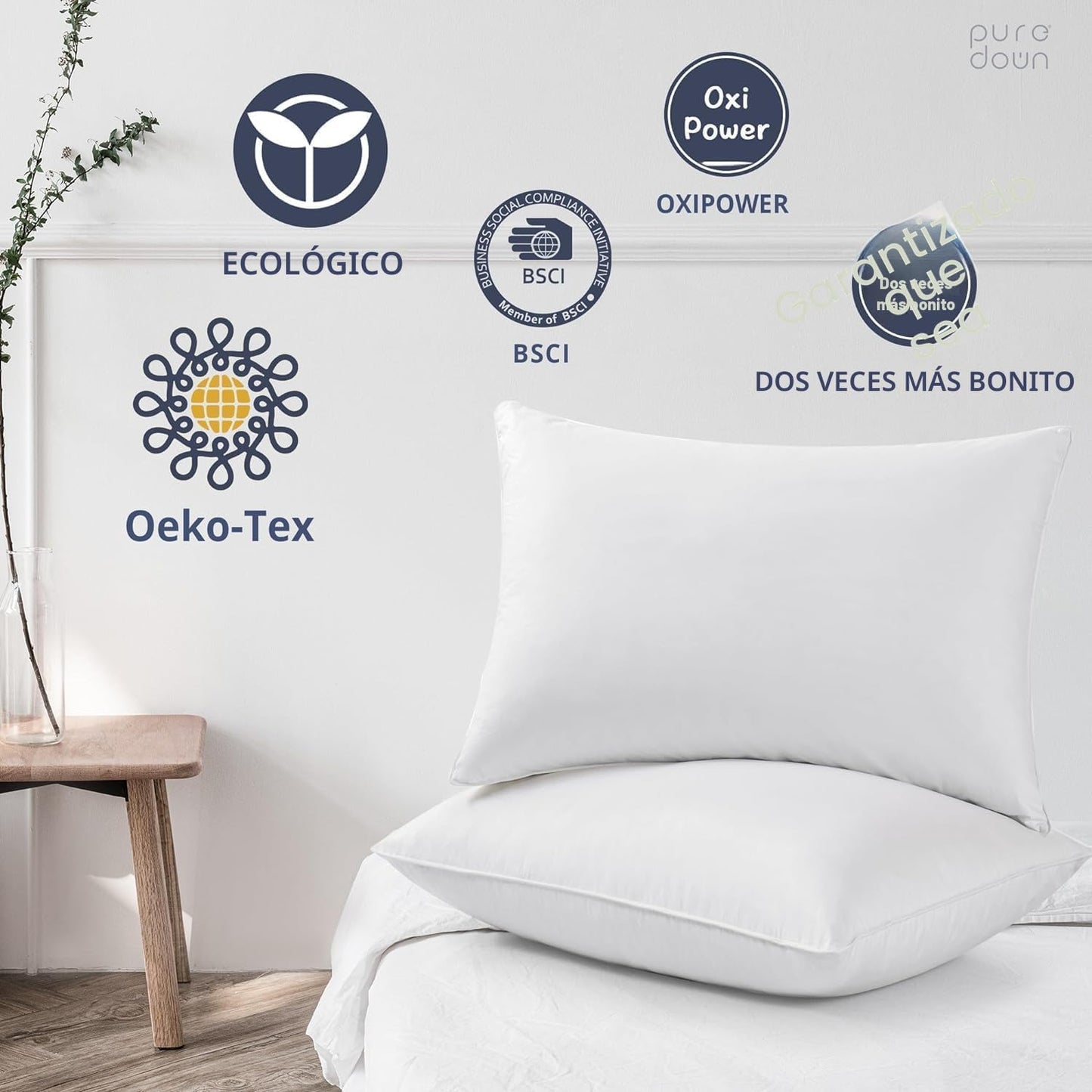 puredown® - Juego de 2 almohadas de plumas y plumón de ganso blanco...