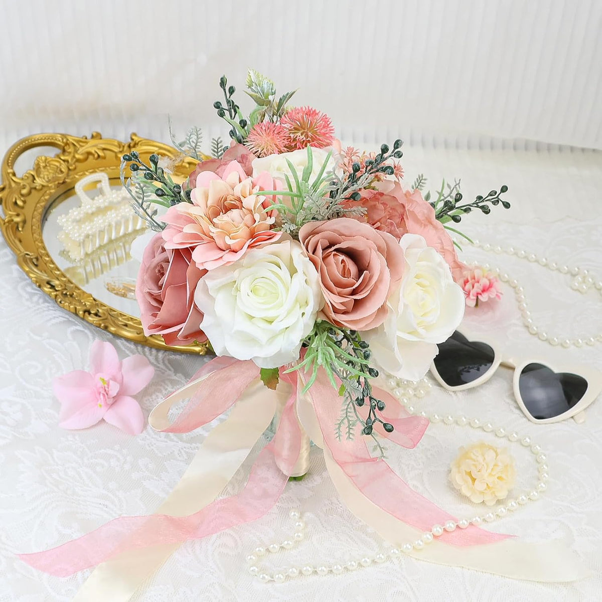 SEMONONIA Ramos de boda para novia, dama de honor, 8.5 pulgadas, ro...
