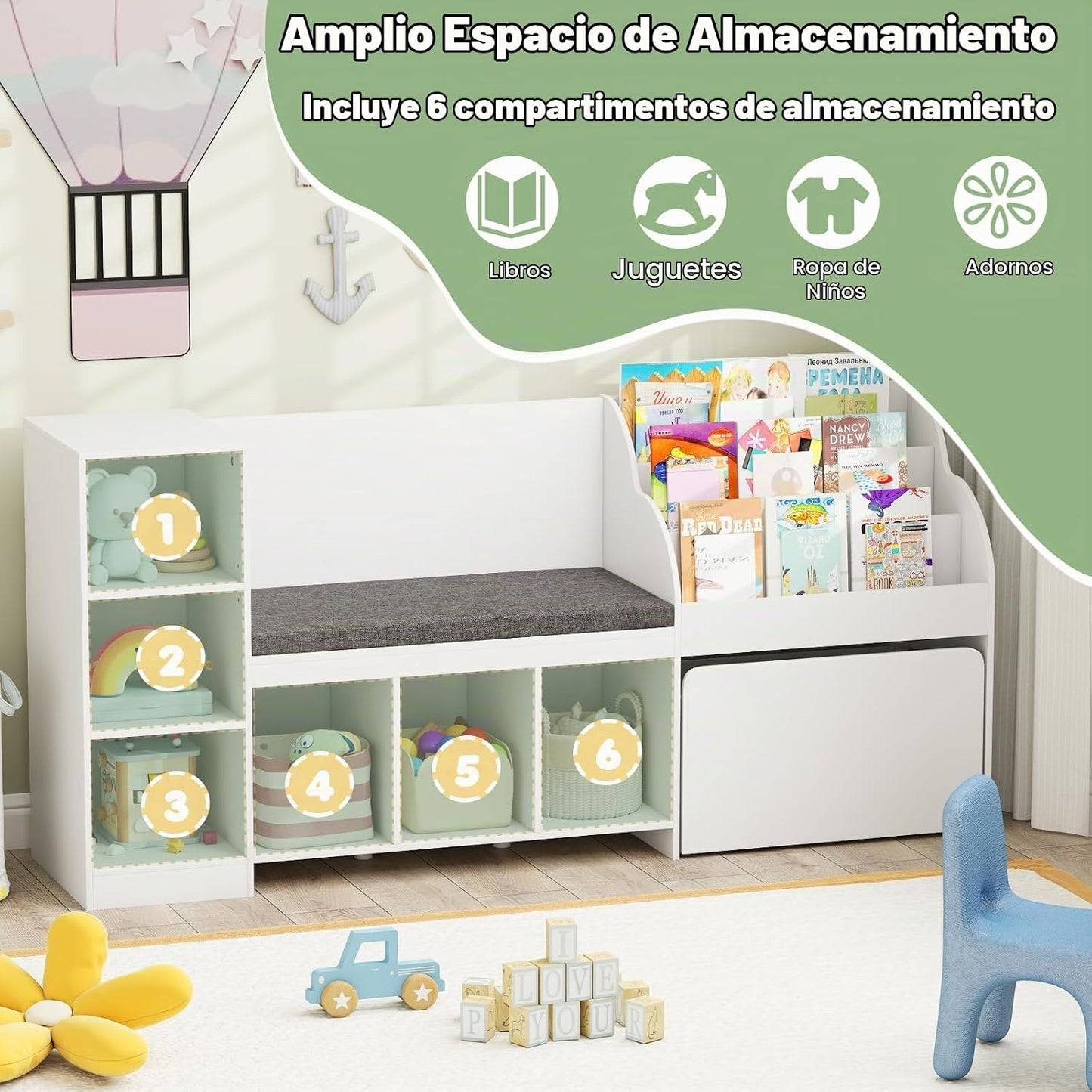 Costzon Estantería infantil de 67 pulgadas con rincón de lectura, o...