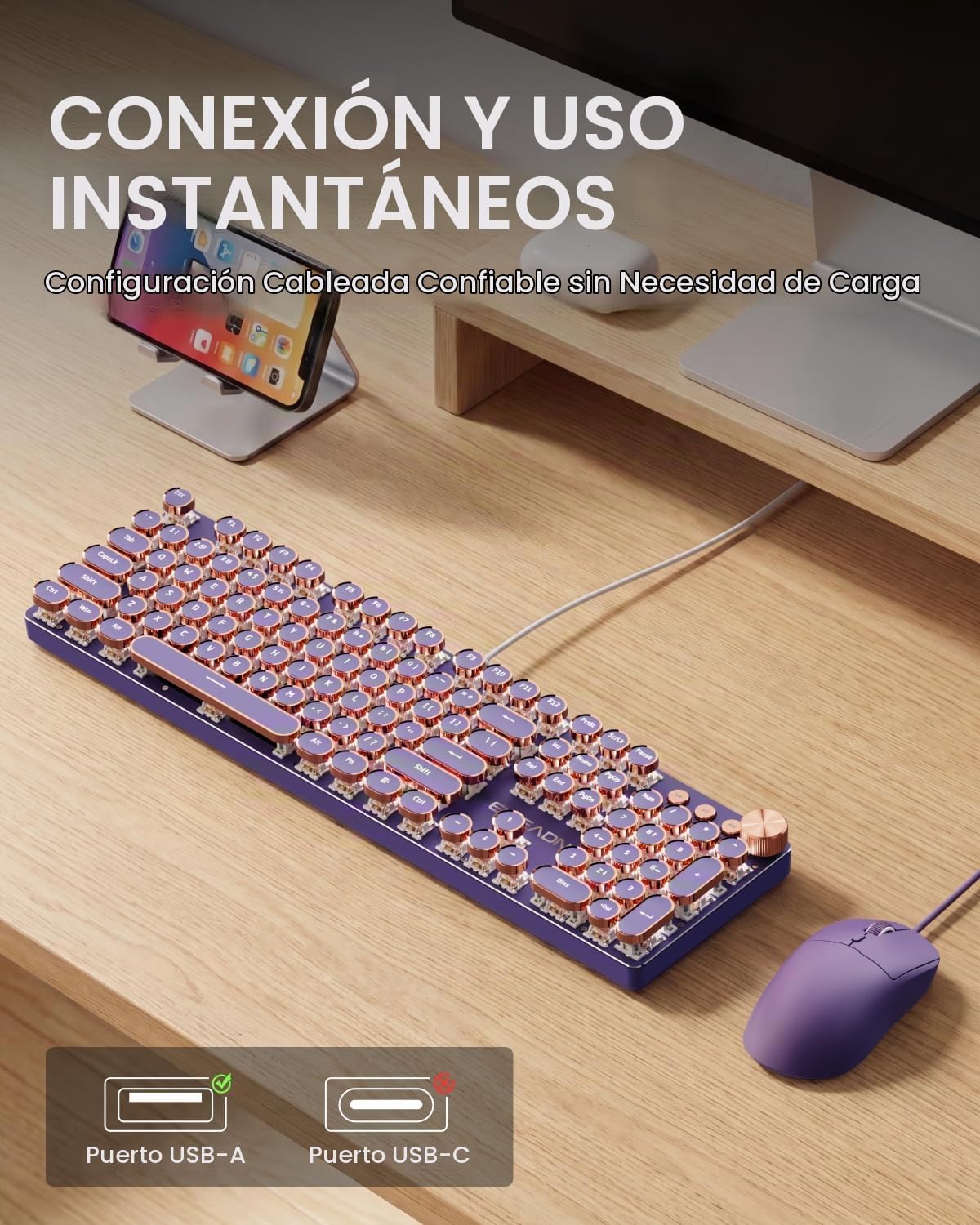 SEUNKWANG Combo de teclado y mouse con máquina de escribir con cabl...
