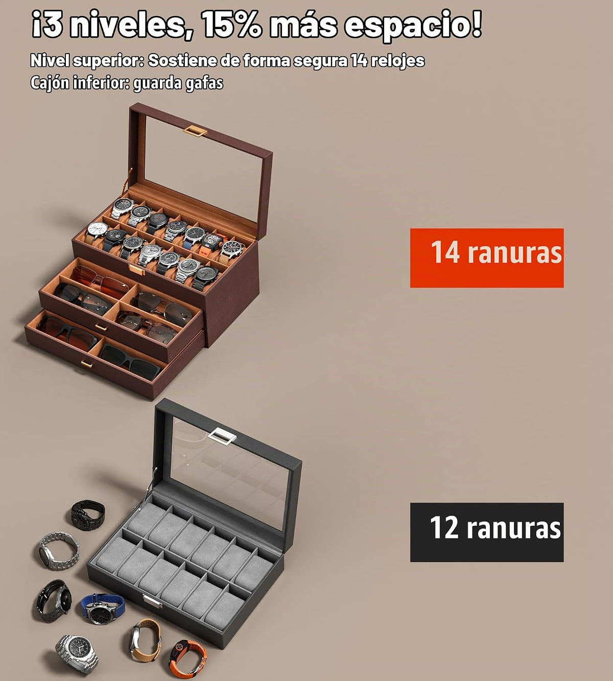 sensok Caja de reloj para hombre, 14 ranuras, 3 capas, organizador...