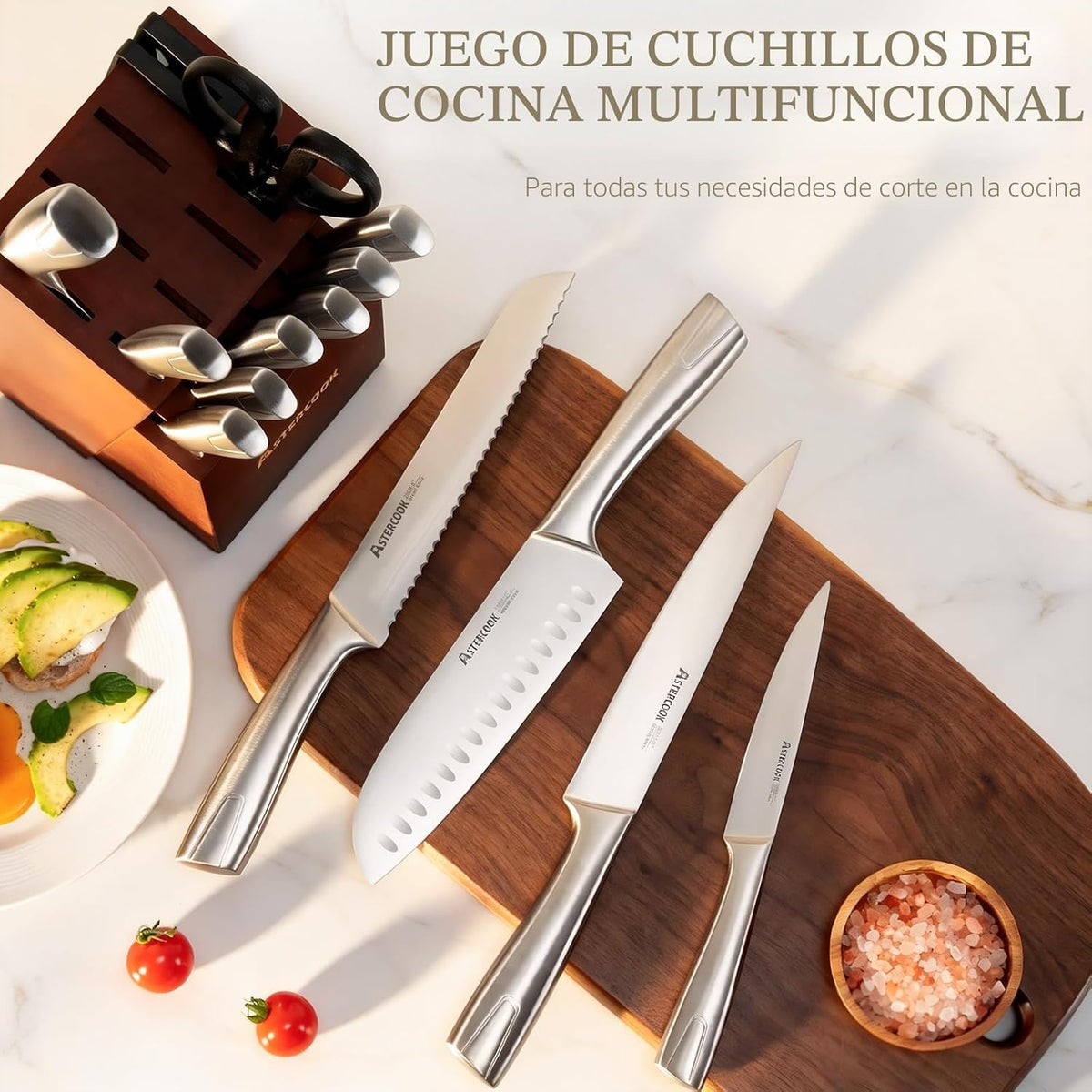 Astercook Juego de Cuchillos, Juego de Cuchillos de Cocina con Bloq...
