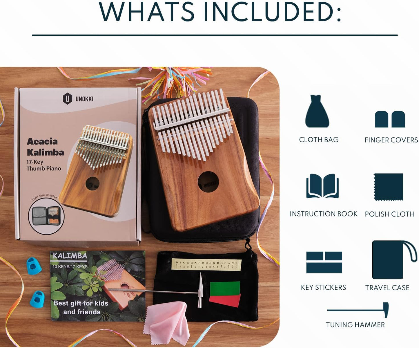 UNOKKI Kalimba de 17 teclas con estuche, funda rígida impermeable,...