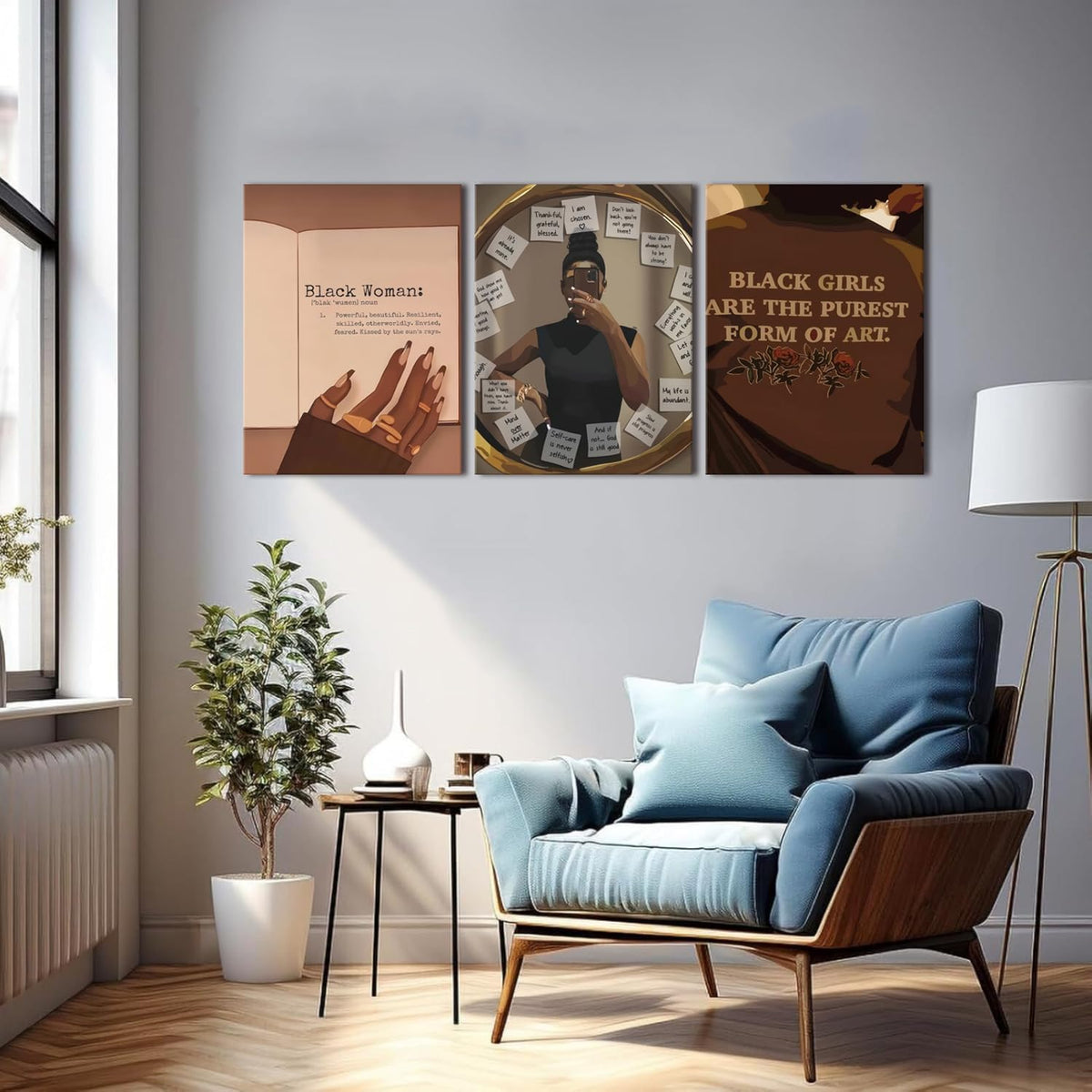 Juego de 3 Arte de Pared de Chica Negra Afroamericana Lienzo Decora...
