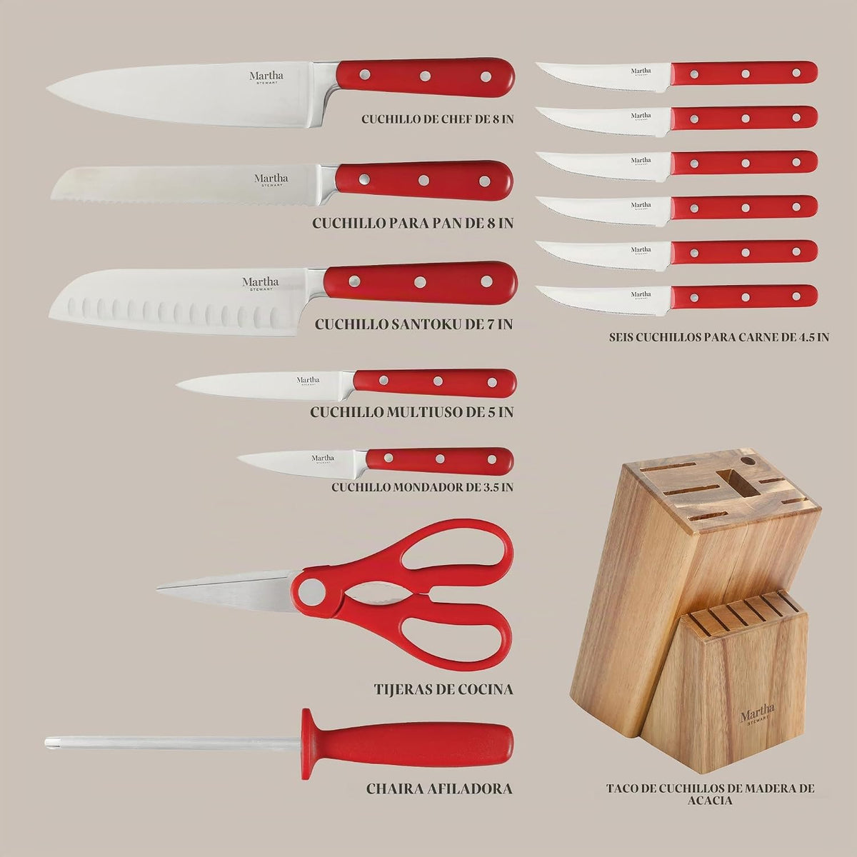 Martha Stewart Eastwalk Juego de 14 cuchillos de acero inoxidable d...