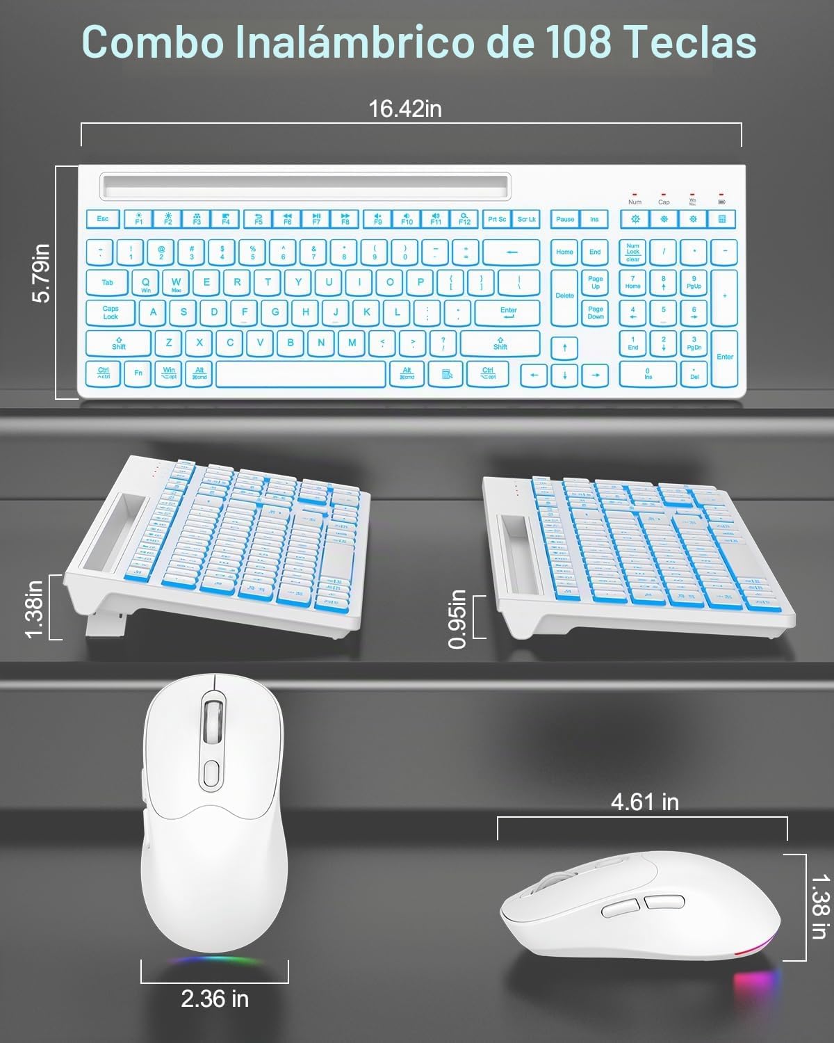 Combo de teclado y mouse inalámbricos, 7 efectos retroiluminados, l...