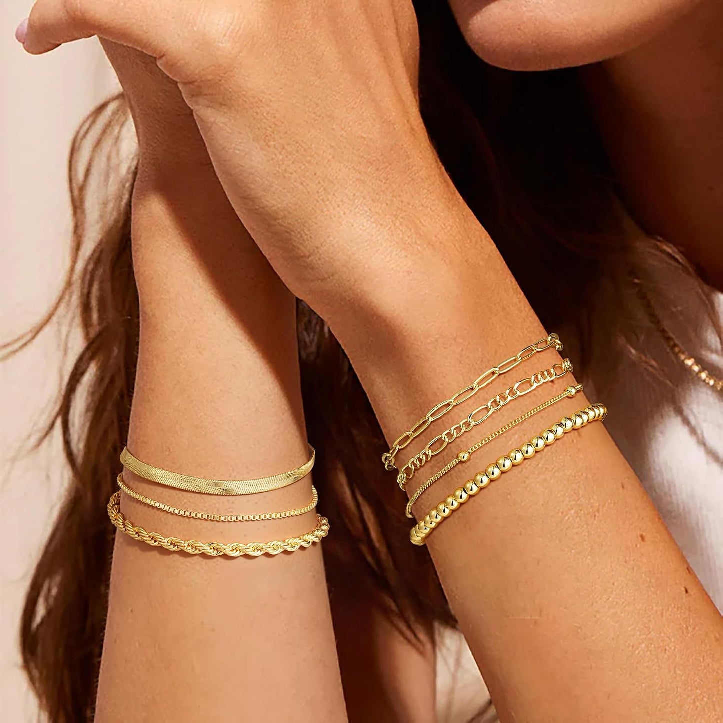 M MOOHAM Juego de 7 pulseras de oro para mujer \u2013 Juego de puls...