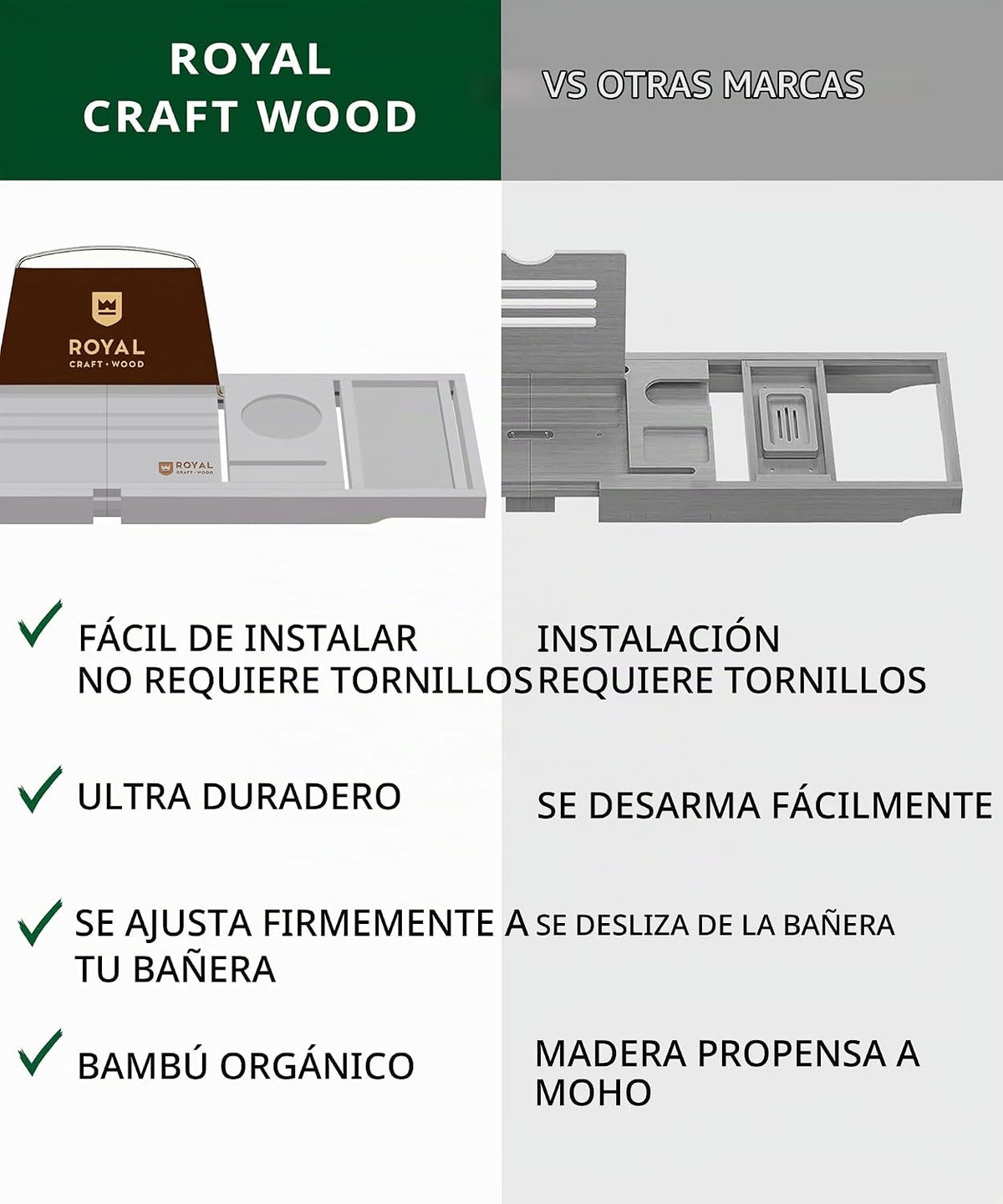 Royal Craft - Bandeja de bambú para bañera con soporte para libro y...