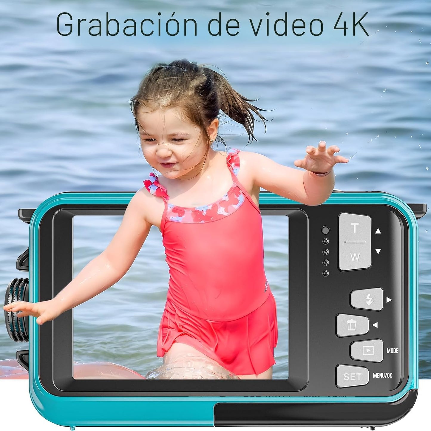 Cámara subacuática 4K, cámara impermeable de 16 pies, pantalla dual...