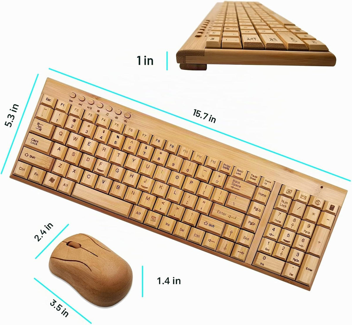 Smart Tech Combo de teclado y mouse inalámbricos de bambú natural d...