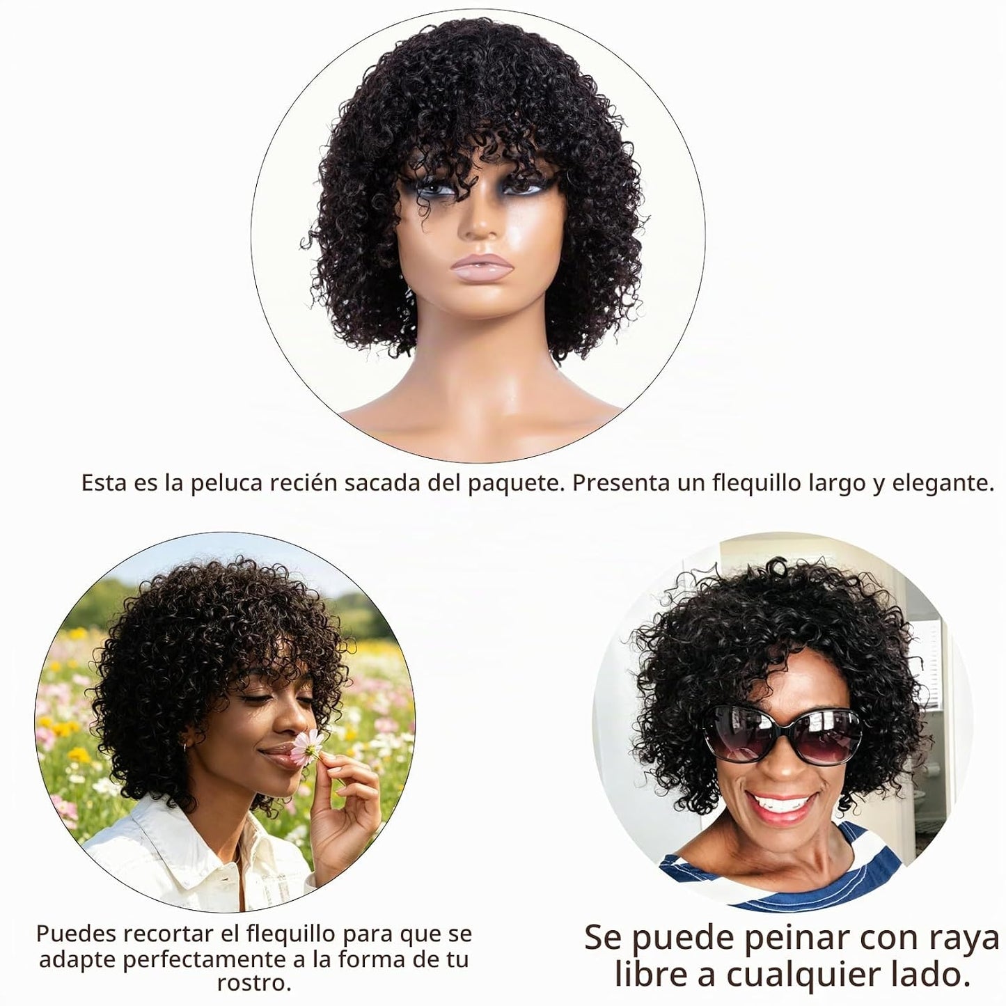 OnePart Peluca corta de cabello humano rizado Jerry con flequillo p...