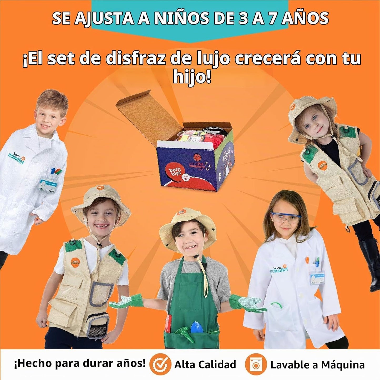Born Toys Ropa de vestir 3 en 1 para niños Científico Jardinero Saf...