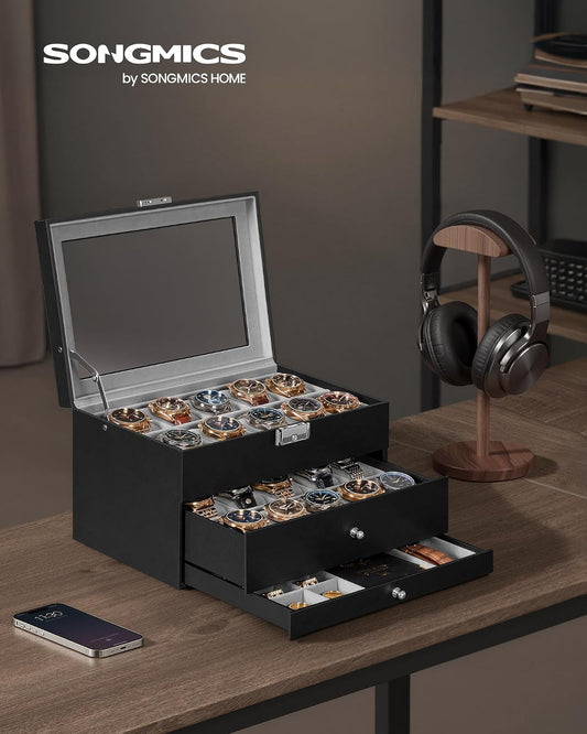 SONGMICS Caja de reloj, organizador de 20 ranuras para reloj con ta...
