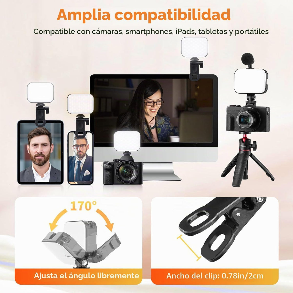 Ulanzi VL100X Luz para Selfie, Panel de Luz LED con Clip para Teléf...