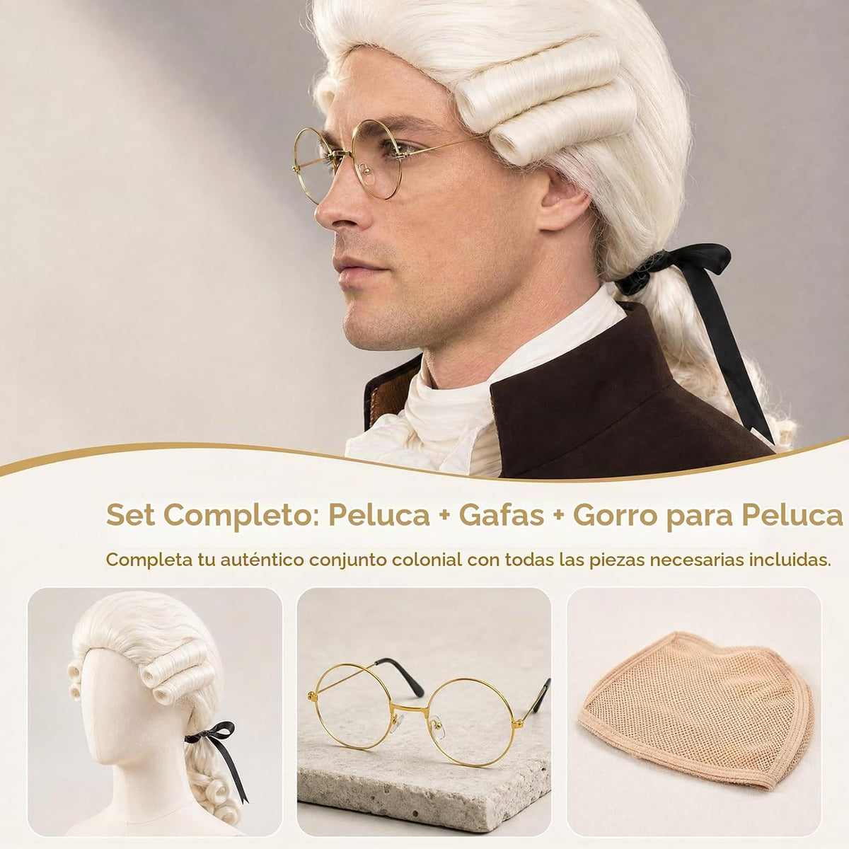 Bettecos Peluca colonial de juez para hombre, con gafas, peluca lar...
