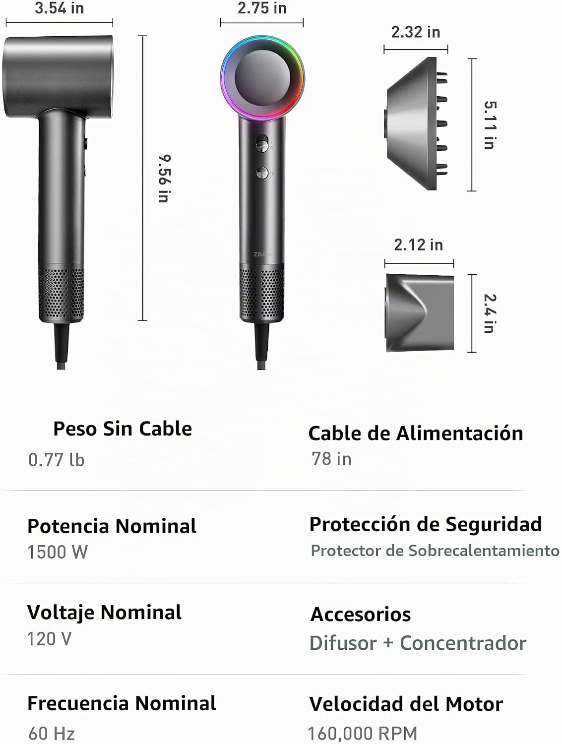 Zibtes - Secador de pelo de alta velocidad con difusor, secador ión...