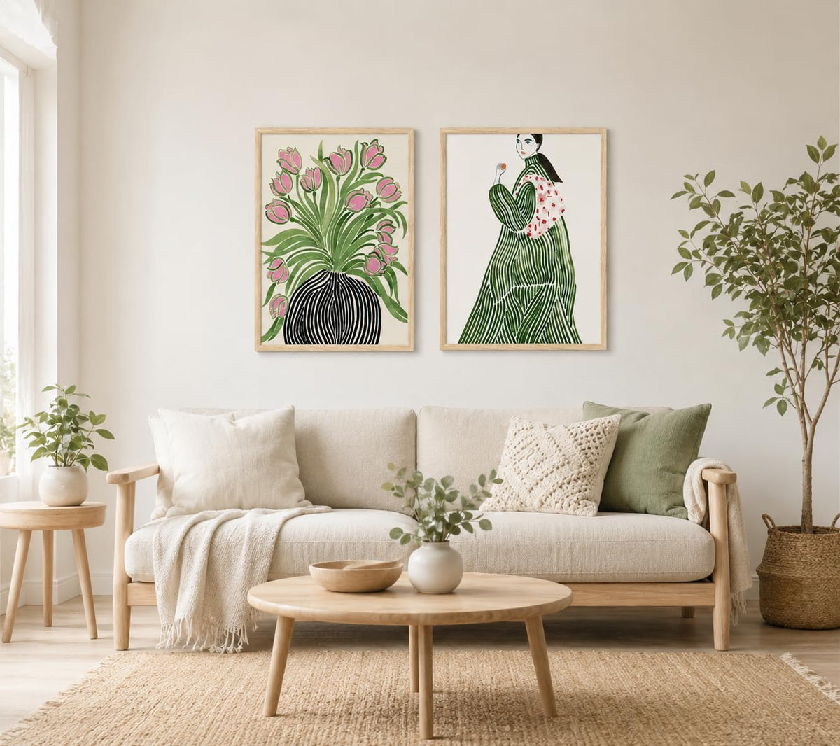 Lienzo enmarcado para pared, diseño de tulipanes, jarrón de mujer,...
